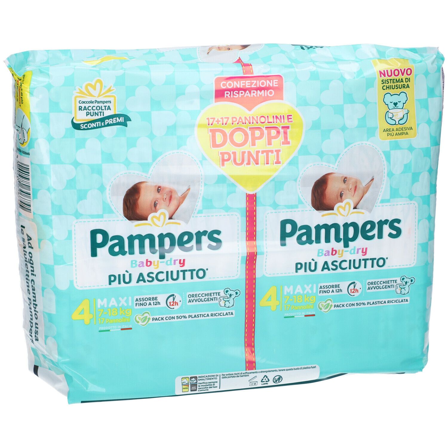 Confezione di pannolini Pampers Baby-Dry. Imballaggio con illustrazioni di bambini e informazioni sul prodotto. Contiene 4 pannolini Maxi.