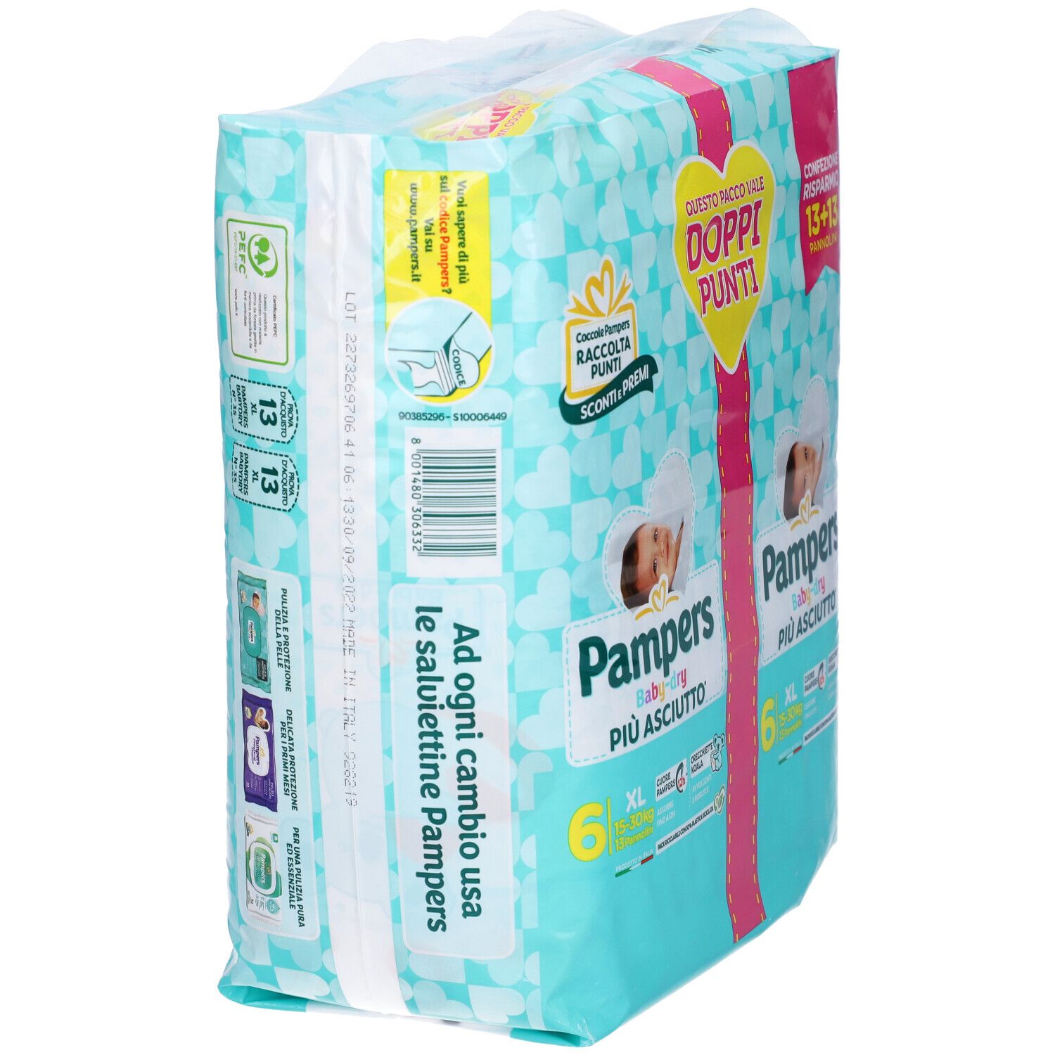 Confezione di pannolini Pampers Baby-Dry XL. Vista laterale dell'imballaggio con informazioni sul prodotto, codice a barre e scritte in italiano.