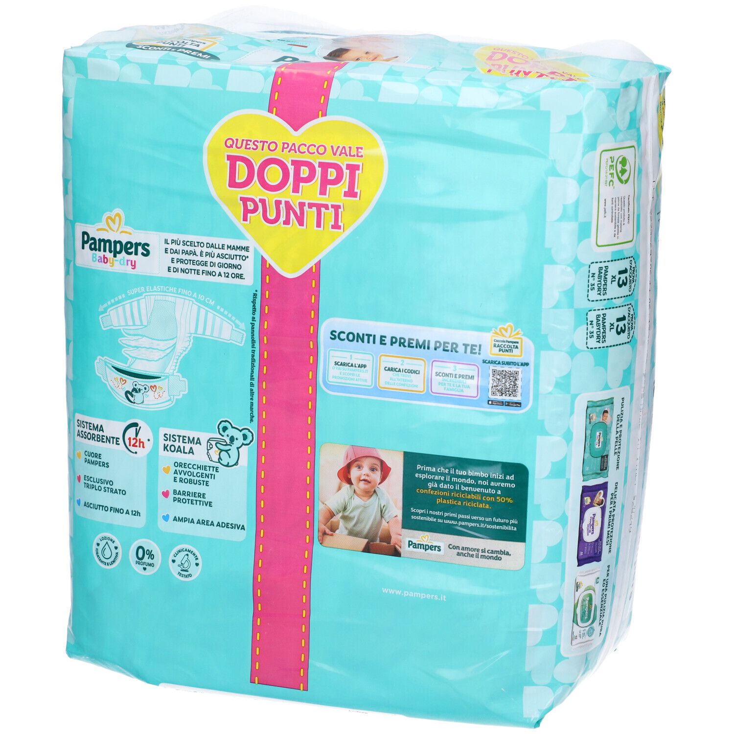 Confezione di pannolini Pampers Baby-Dry XL. Imballaggio con motivo bambino, informazioni sul prodotto e scritta 'Doppi Punti'.