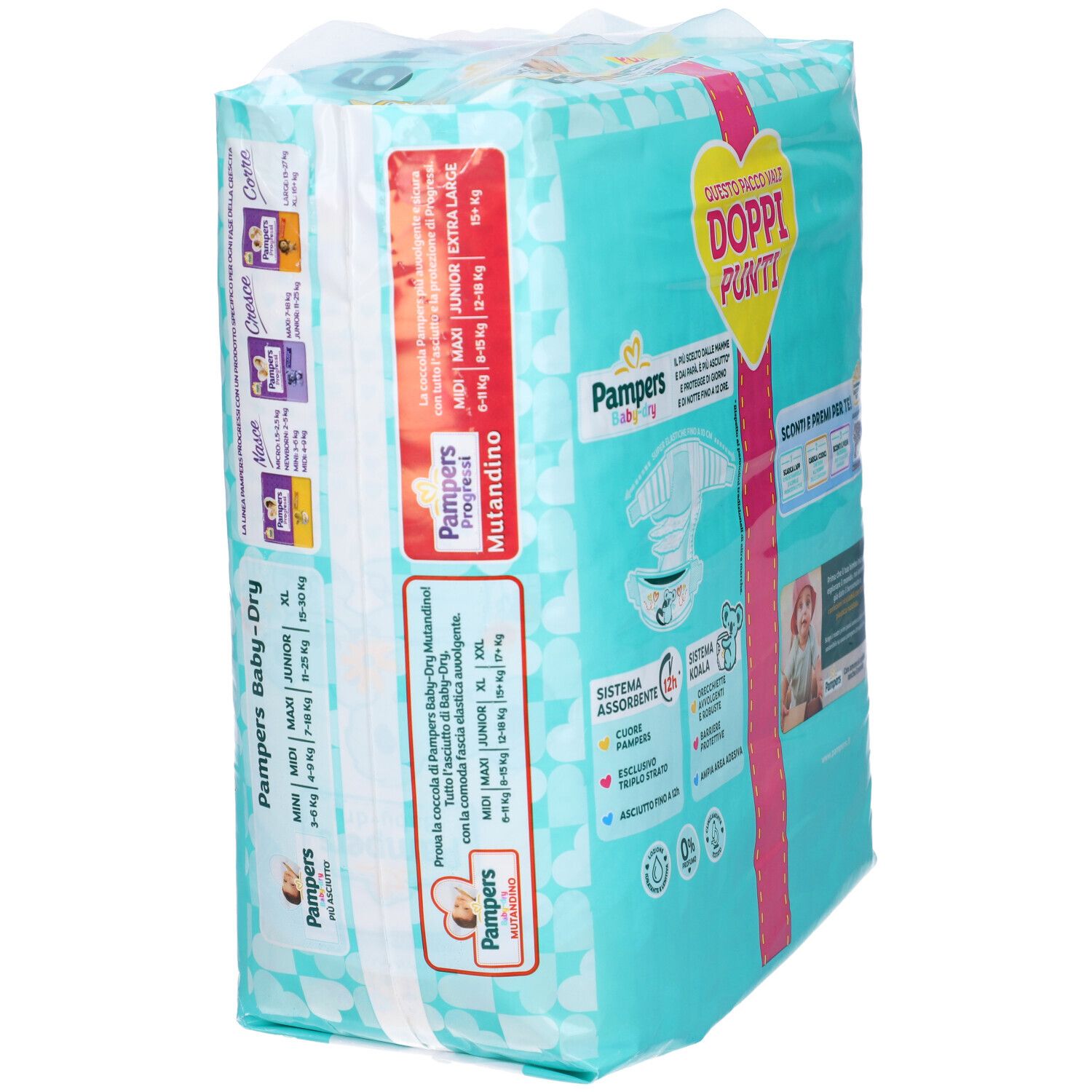 Confezione di pannolini Pampers Baby-Dry XL. Vista laterale con informazioni sul prodotto, indicazioni di taglia e scritta 'Doppi Punti'.