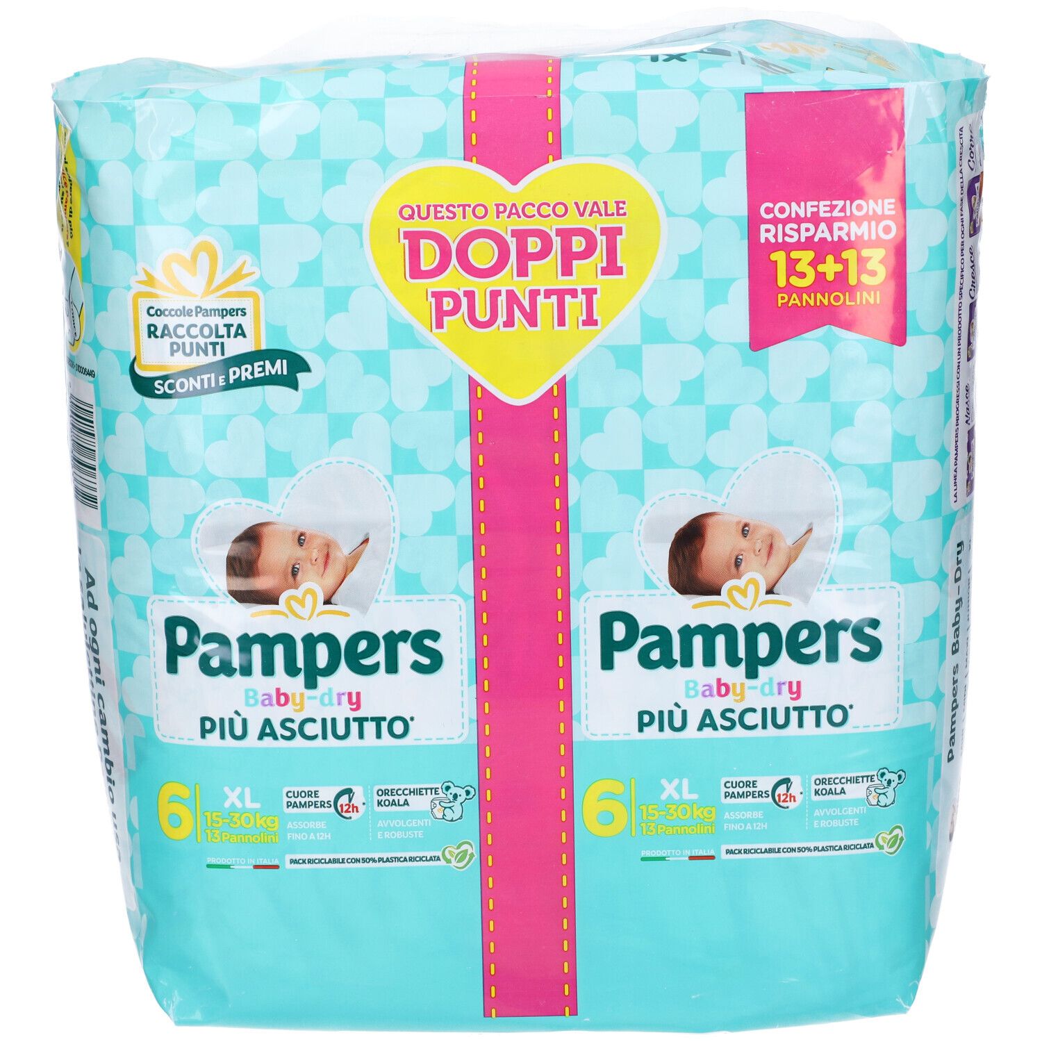 Confezione di pannolini Pampers Baby-Dry XL, 6 pezzi. Imballaggio con motivo bambino e informazioni sul prodotto. Scritta: 'Doppi Punti'.