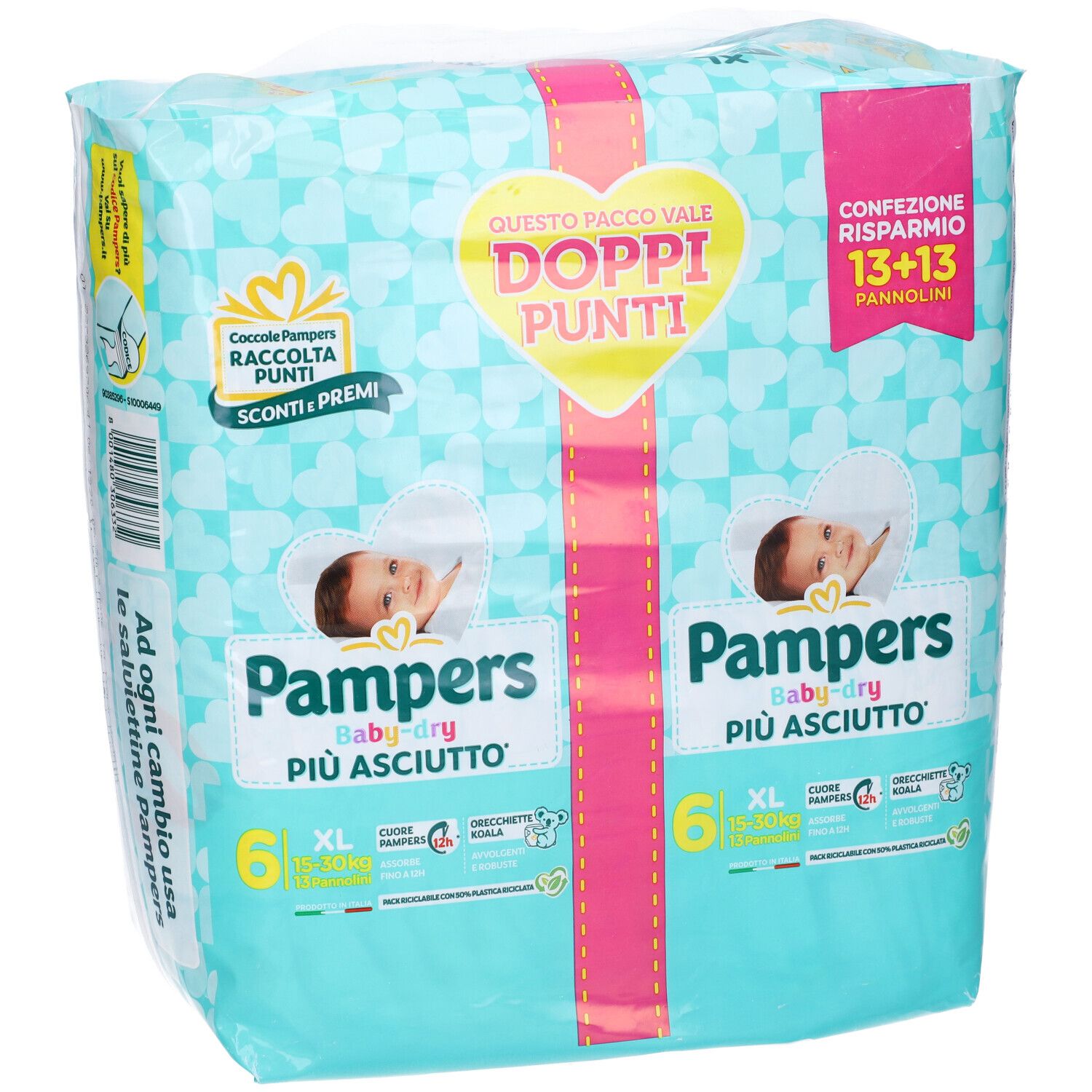 Confezione di pannolini Pampers Baby-Dry XL, 6 pezzi. Imballaggio con motivo bambino e informazioni sul prodotto. Scritta: 'Doppi Punti'.