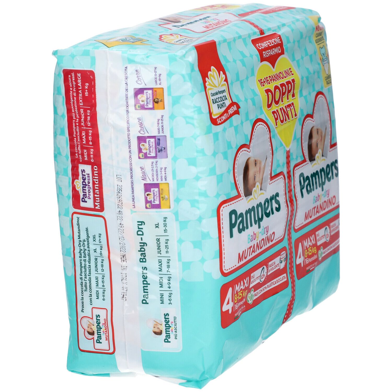 Confezione Pampers Baby-Dry Mutandino 4 Maxi. Indicazioni taglie sul lato. Confezione con grafica bambino.