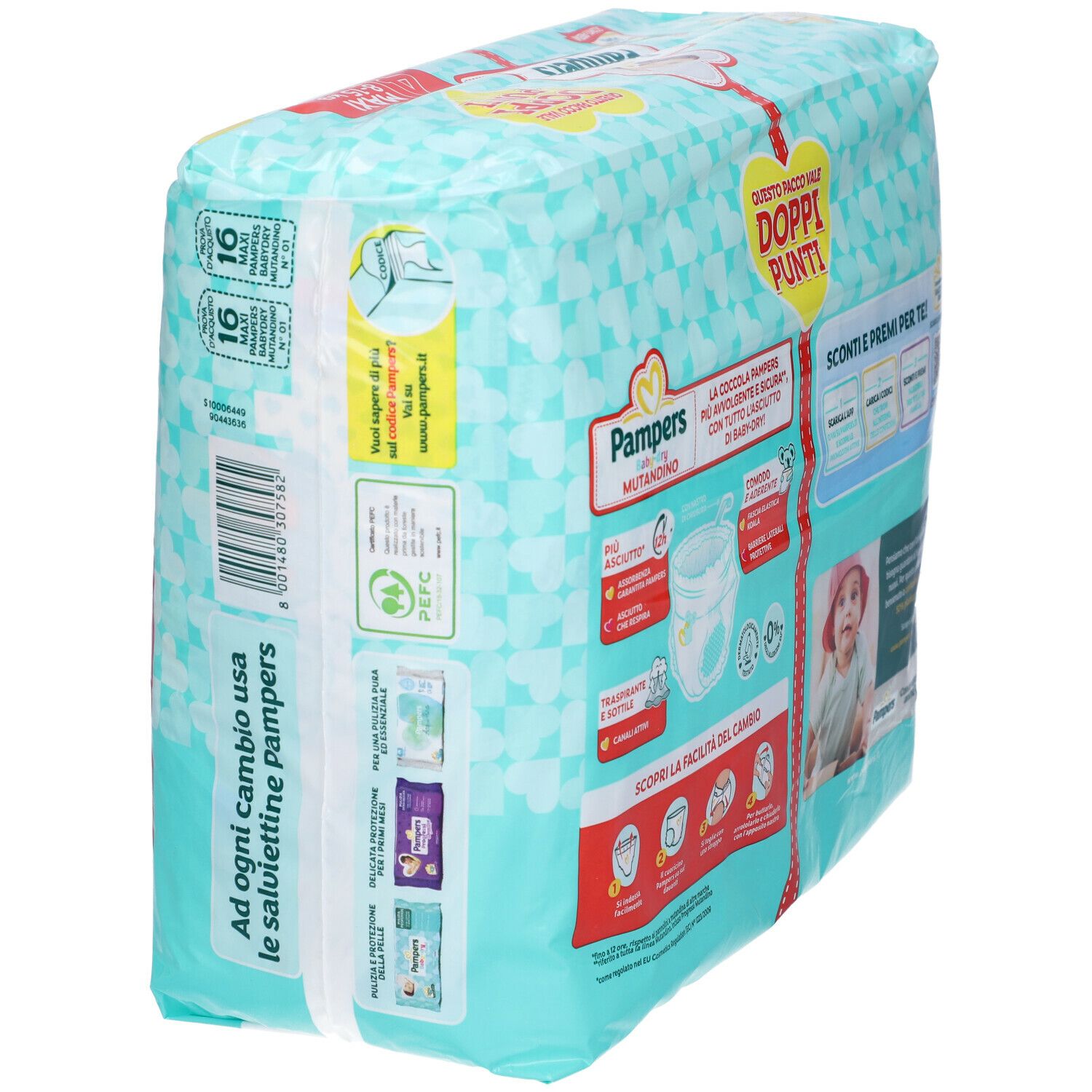 Lato confezione Pampers Baby-Dry Mutandino 4 Maxi. Informazioni e foto bambino. Offerta doppi punti.