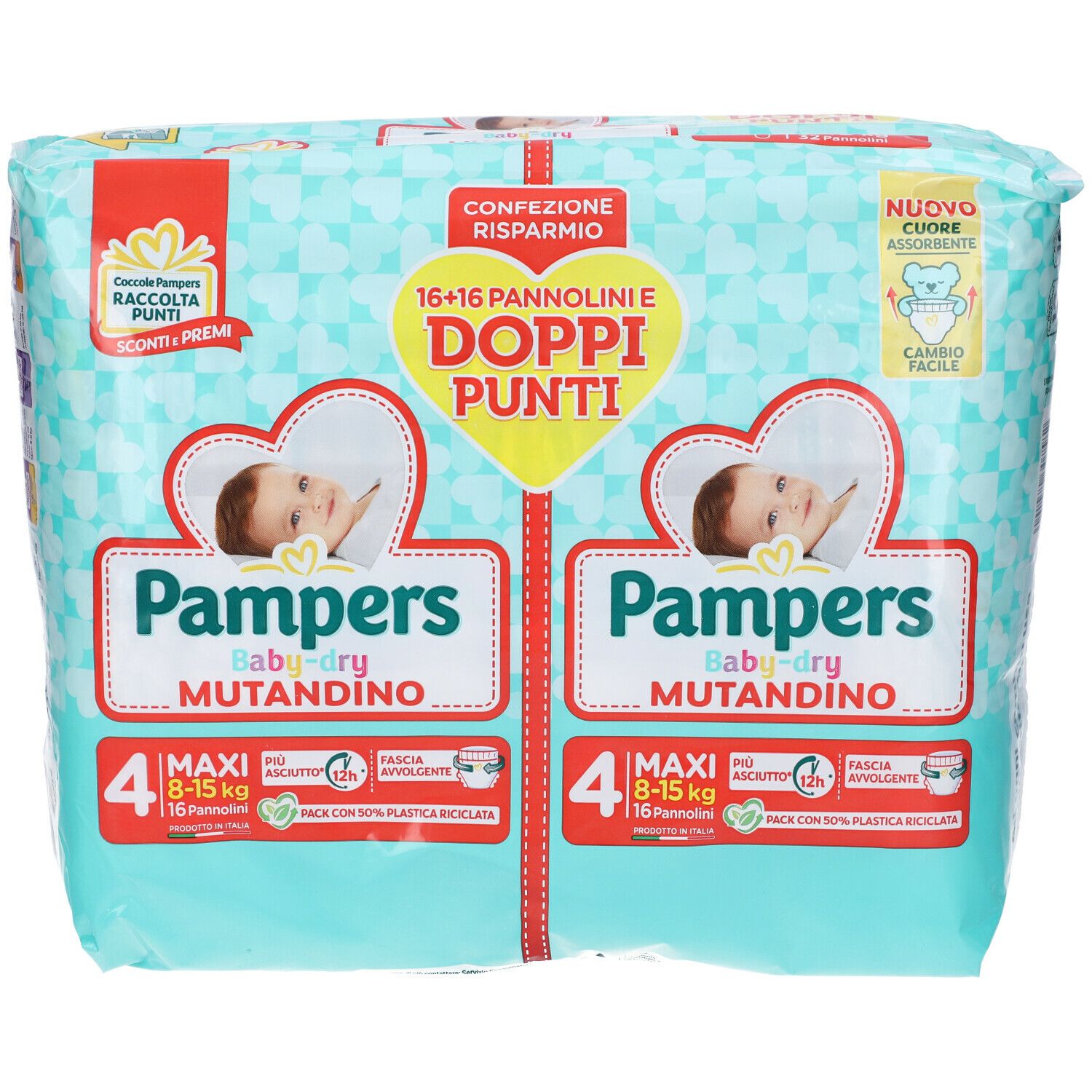 Confezione Pampers Baby-Dry Mutandino 4 Maxi. 16+16 pannolini. Doppi punti. Confezione con grafica bambino.