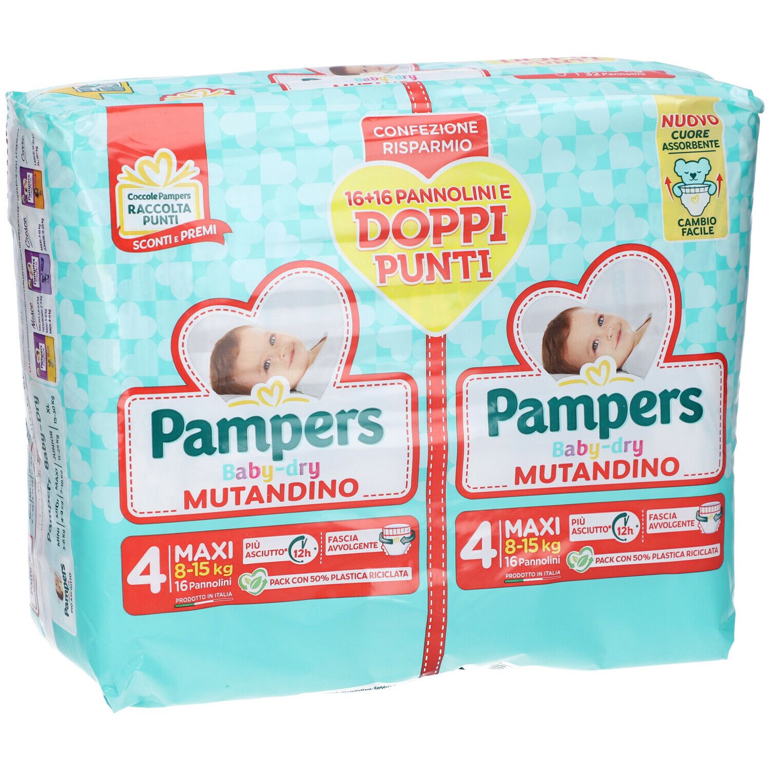 Confezione Pampers Baby-Dry Mutandino 4 Maxi. 16+16 pannolini. Doppi punti. Confezione con grafica bambino.