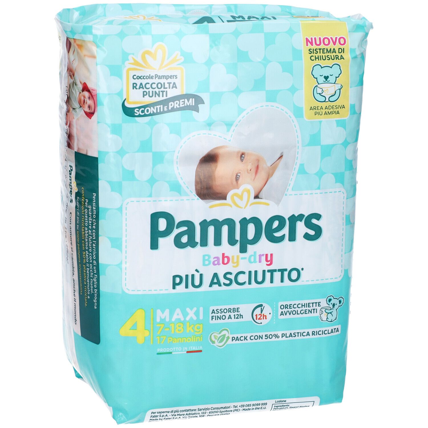 Pampers Baby-Dry Windeln, Packung. Größe 4 Maxi, 7-18 kg. 17 Windeln. Hellblaues Design mit Baby-Illustration.