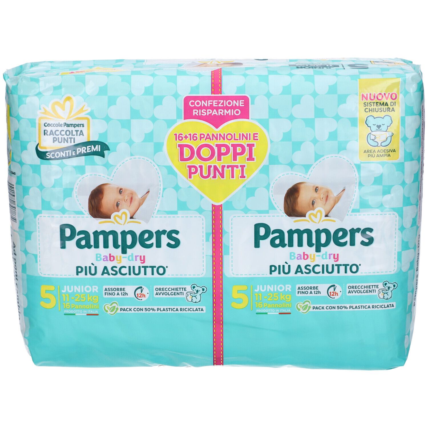 Pampers Baby-Dry Windeln, Packung mit 2x16 Stück. Junior, 11-25 kg. Verpackung mit Baby-Motiv und Produktinformationen.