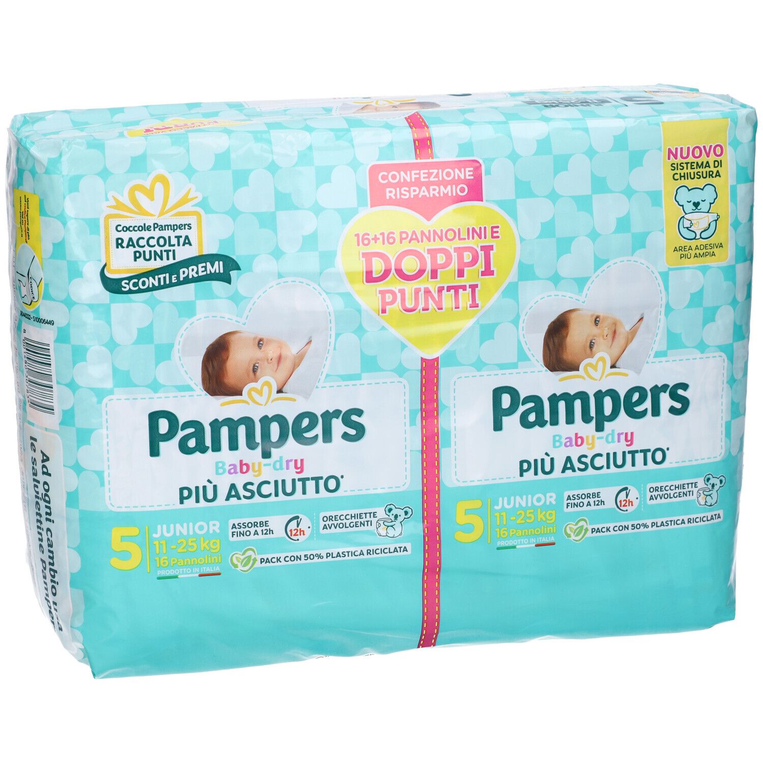 Pampers Baby-Dry Windeln, Packung mit 2x16 Stück. Junior, 11-25 kg. Verpackung mit Baby-Motiv und Produktinformationen.