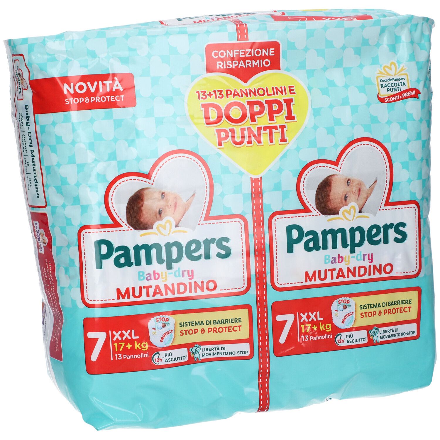 Großpackung Pampers Baby-dry Windeln, Größe 7 XXL, für Kinder ab 17 kg. Mit "Novita Stop & Protect" System.