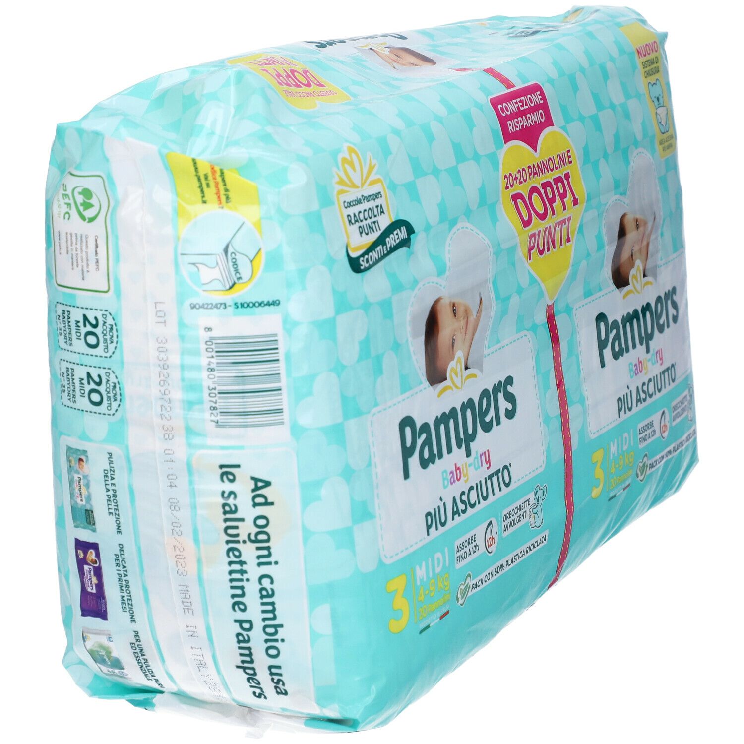 Confezione di pannolini Pampers Baby Dry 3 Midi. Design turchese e bianco. Scritte: "Pampers", "più asciutto". Retro con informazioni e loghi.