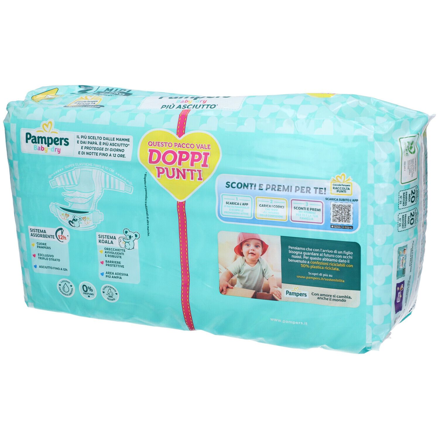 Confezione di pannolini Pampers Baby Dry 3 Midi. Design turchese e bianco. Scritte: "Pampers", "più asciutto", "Doppi Punti". Retro con informazioni e bambino.