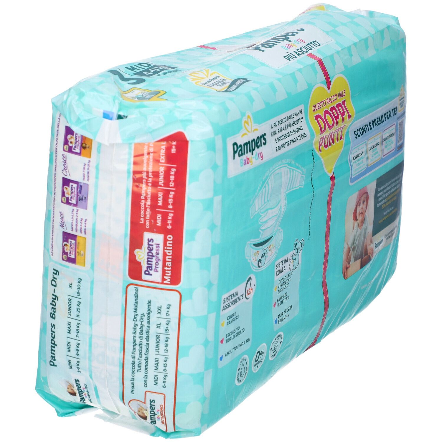 Confezione di pannolini Pampers Baby Dry 3 Midi. Design turchese e bianco. Scritte: "Pampers", "più asciutto", taglie. Più confezioni sullo scaffale.