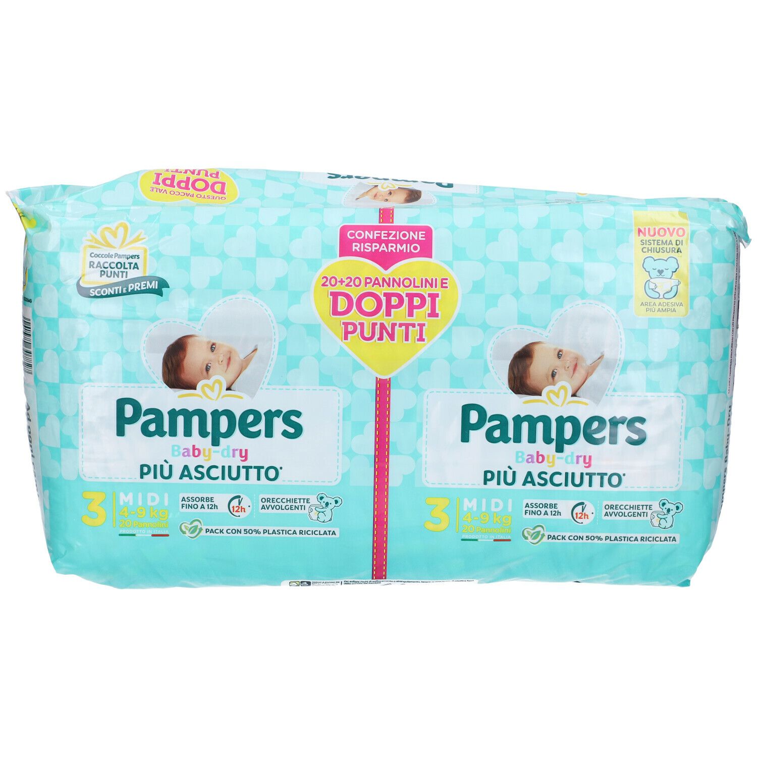 Confezione di pannolini Pampers Baby Dry 3 Midi. Design turchese e bianco con illustrazioni di bambini. Scritte: "Pampers", "più asciutto", "Doppi Punti".