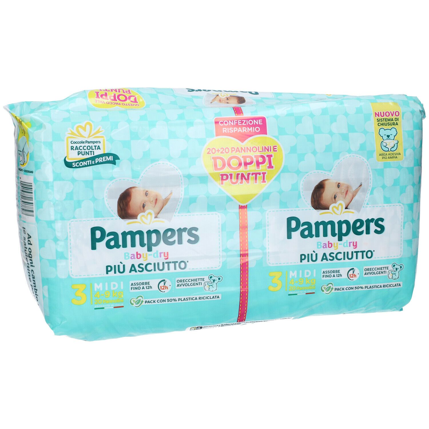 Confezione di pannolini Pampers Baby Dry 3 Midi. Design turchese e bianco con illustrazioni di bambini. Scritte: "Pampers", "più asciutto", "Doppi Punti".