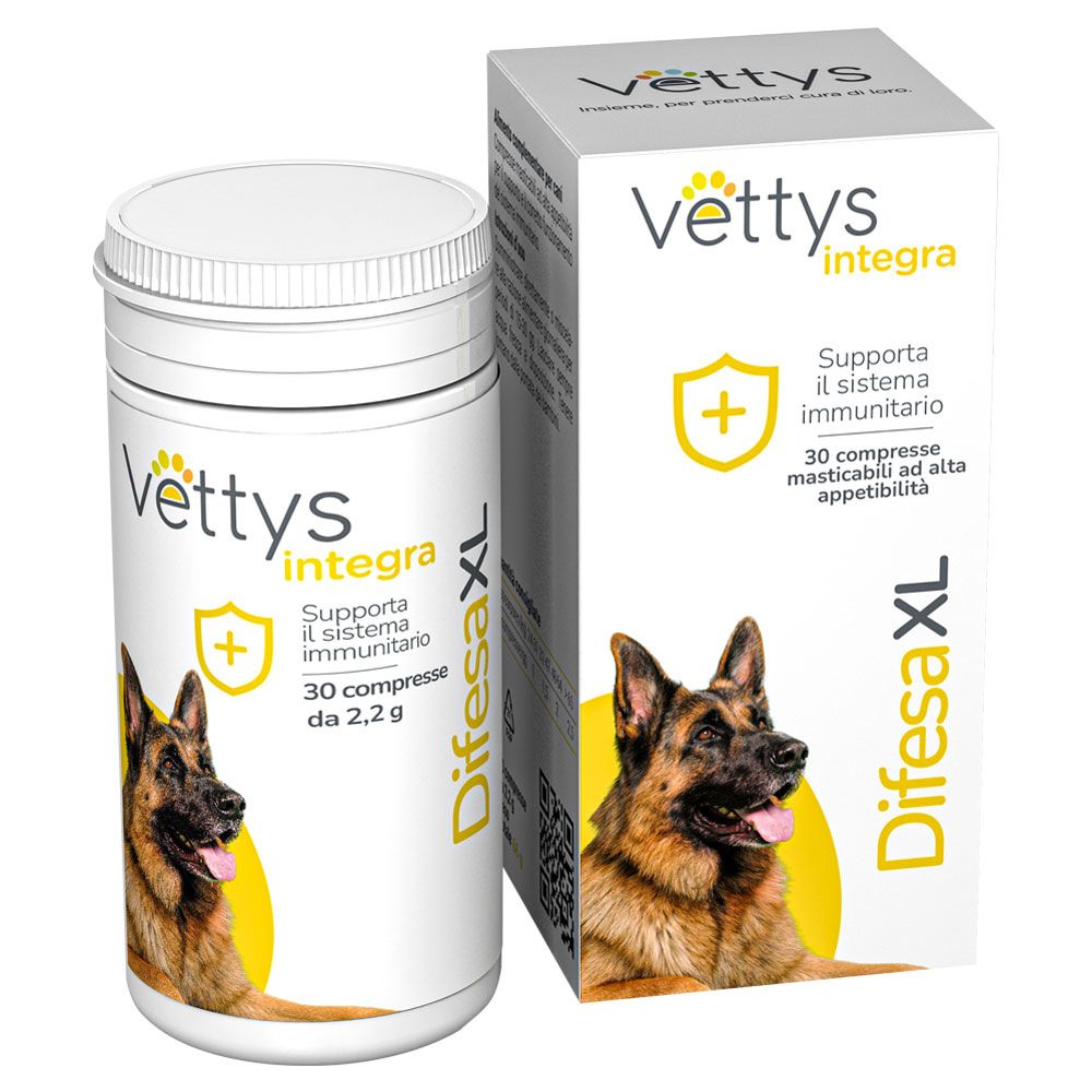 Barattolo bianco con Vettys Integra Difesa XL. Stampa con cane, testo e logo. Accanto alla confezione.
