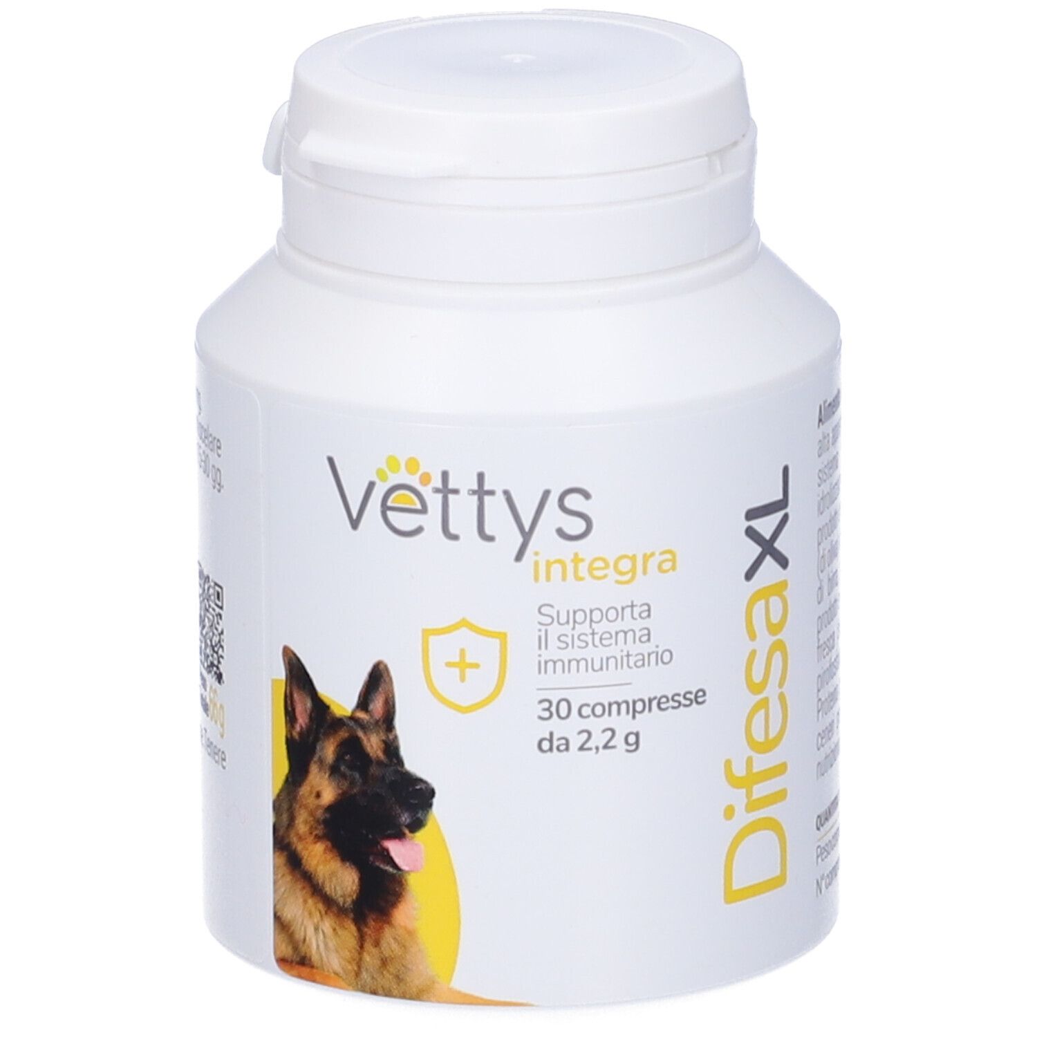 Barattolo bianco con Vettys Integra Difesa XL. Stampa con cane, testo e logo. Coperchio in alto.