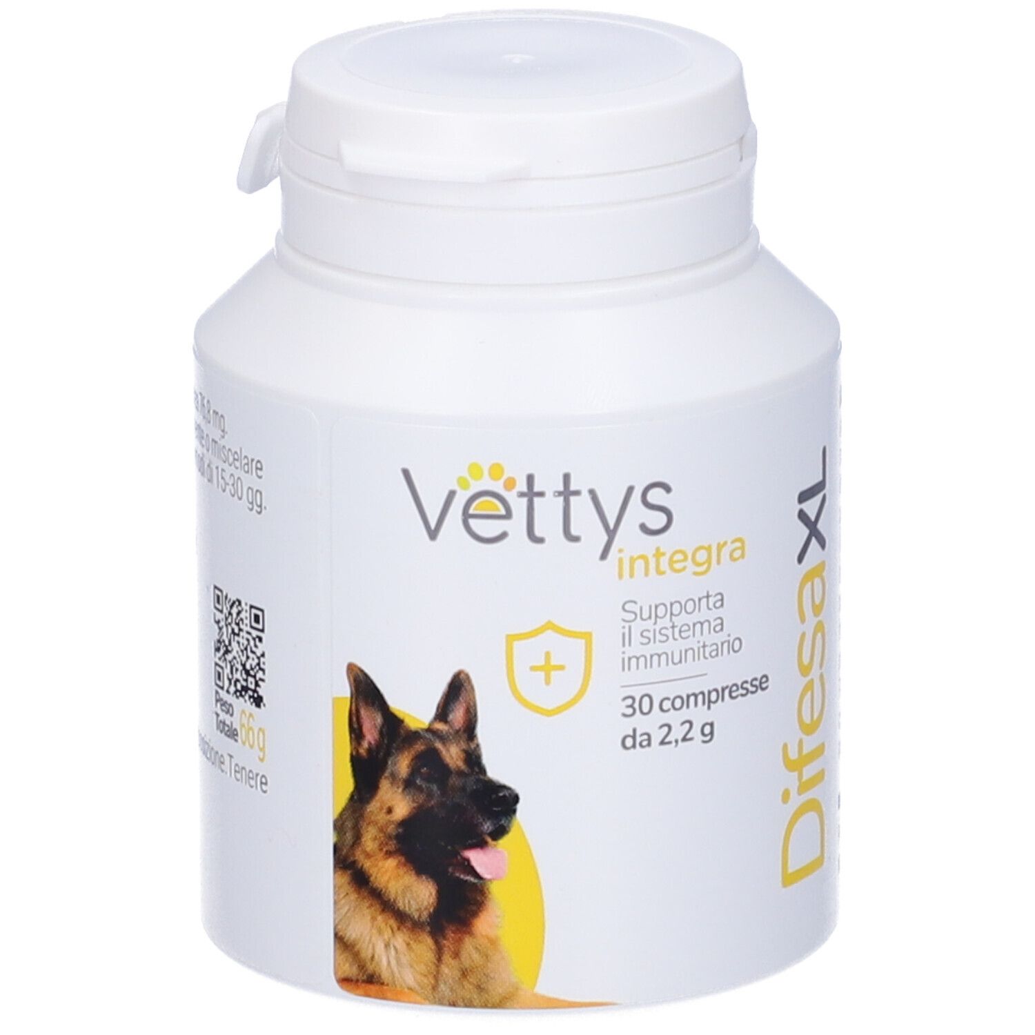 Barattolo bianco con Vettys Integra Difesa XL. Stampa con cane, testo e logo. Primo piano.