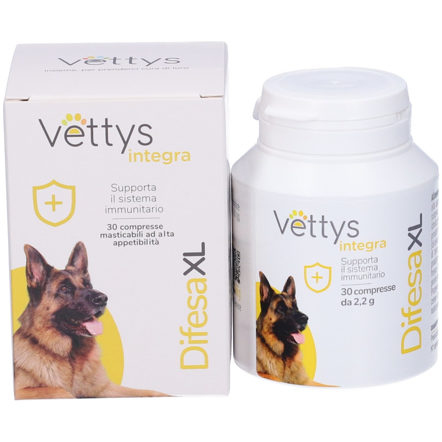Vettys Integra Difesa XL: barattolo e confezione. Testo, logo e cane. Sfondo bianco.