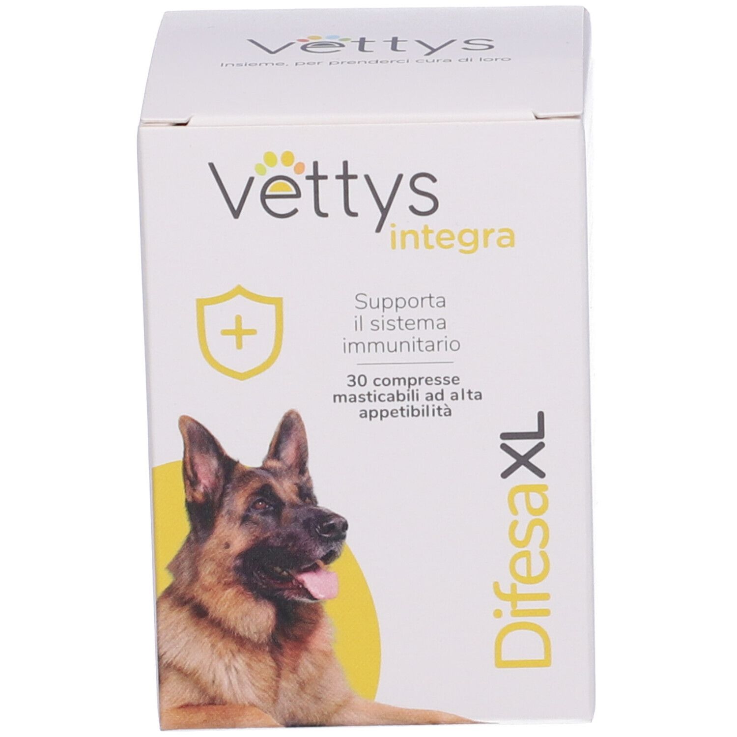 Confezione di Vettys Integra Difesa XL. Testo, logo e cane. Sfondo bianco.