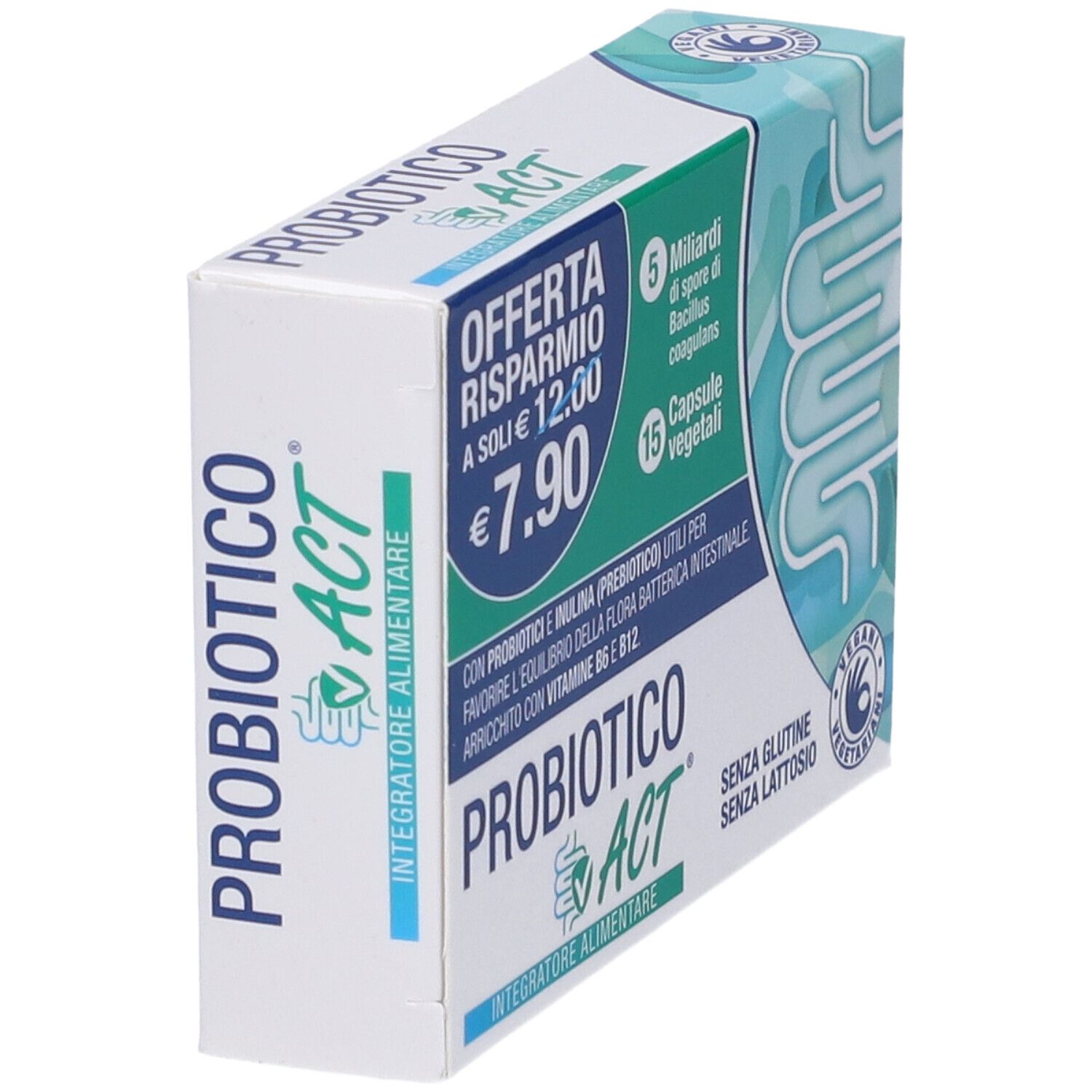 Schräg stehende Packung 'PROBIOTICO ACT'. Enthält 15 Kapseln, 5 Milliarden Bacillus coagulans. Preis: 7,90 €.