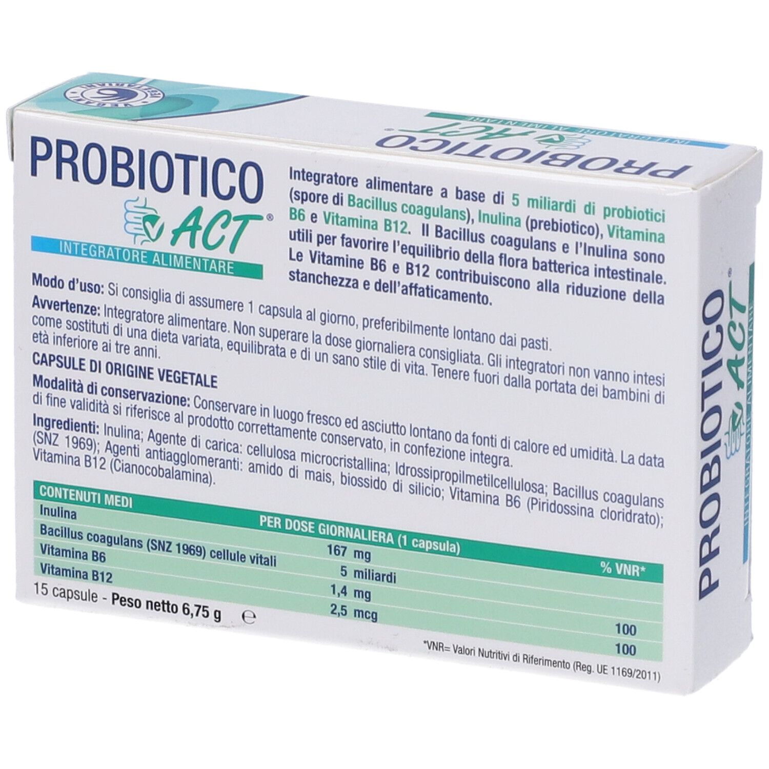 Rückseite der 'PROBIOTICO ACT' Packung. Enthält Informationen zu Inhaltsstoffen und Nährwerten. 15 Kapseln.