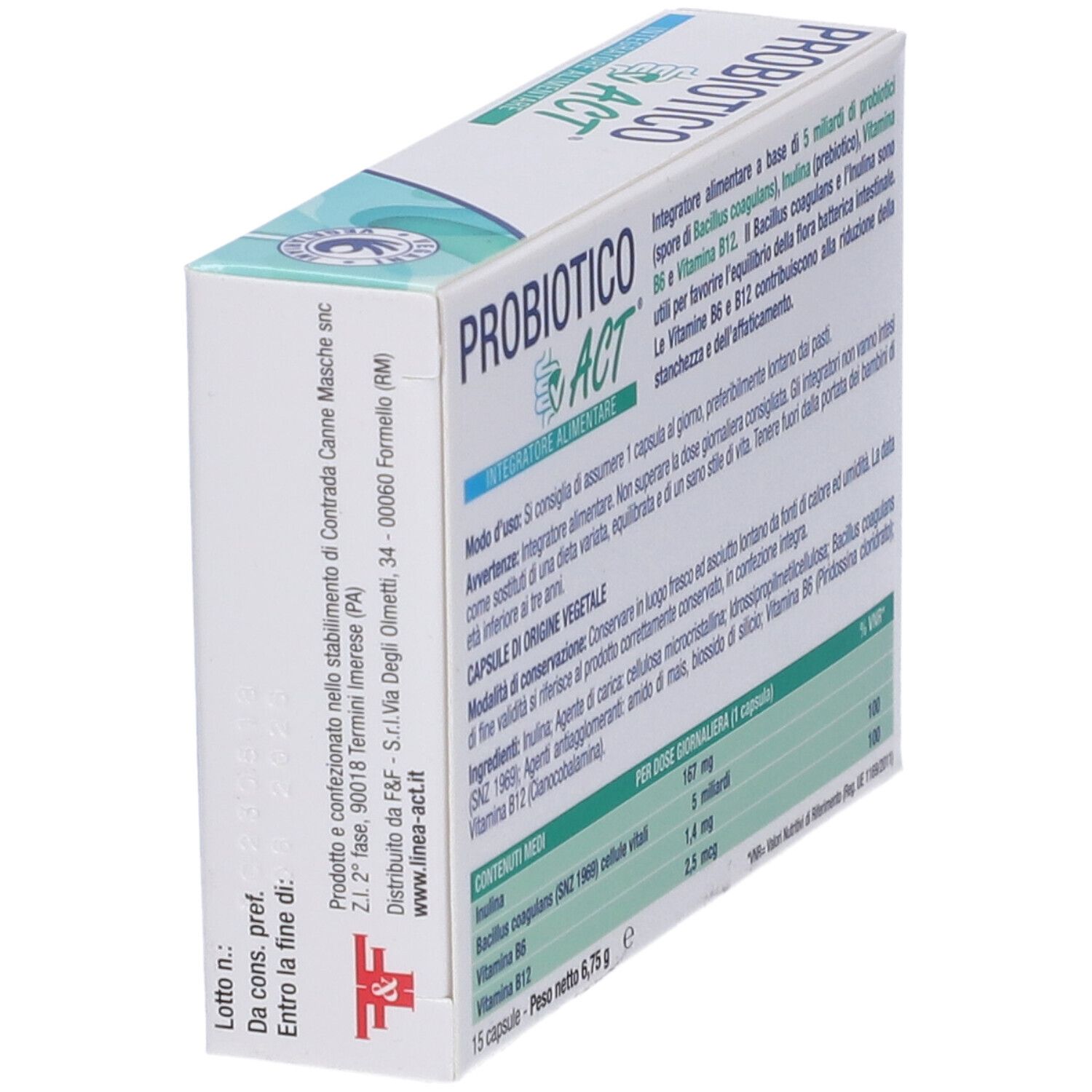 Schräg stehende Packung 'PROBIOTICO ACT'. Rückseite mit Inhaltsstoffen und Nährwerten. 15 Kapseln.