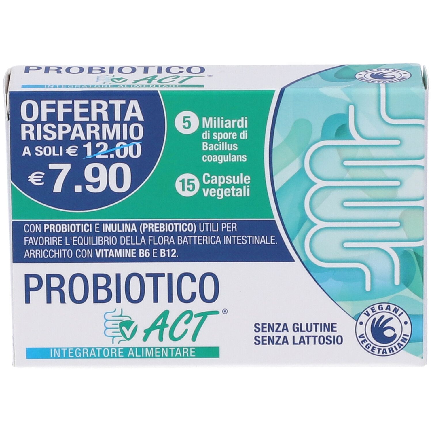 Karton 'PROBIOTICO ACT'. Enthält 15 Kapseln, 5 Milliarden Bacillus coagulans. Preis: 7,90 €.