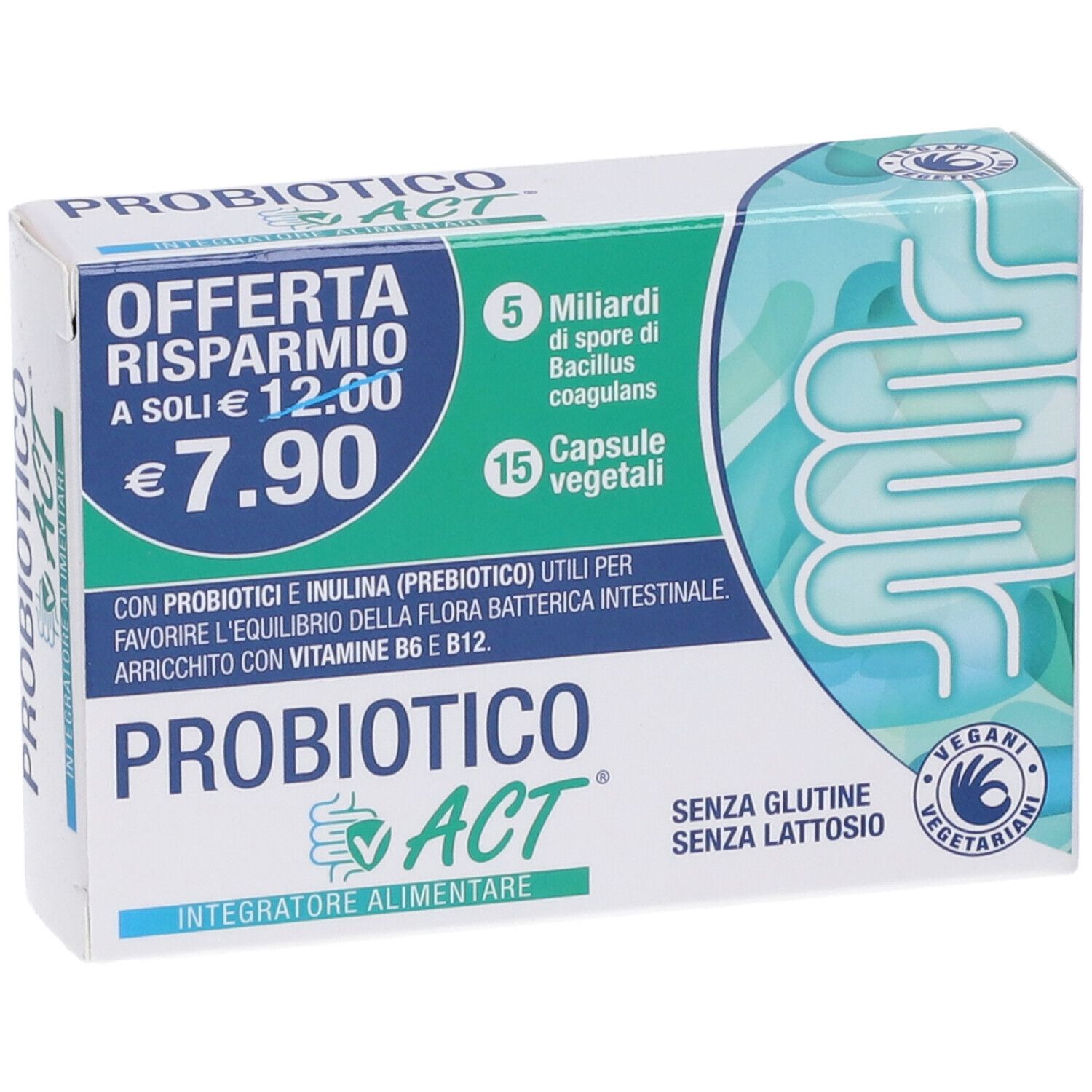 Karton 'PROBIOTICO ACT'. Enthält 15 Kapseln, 5 Milliarden Bacillus coagulans. Preis: 7,90 €.