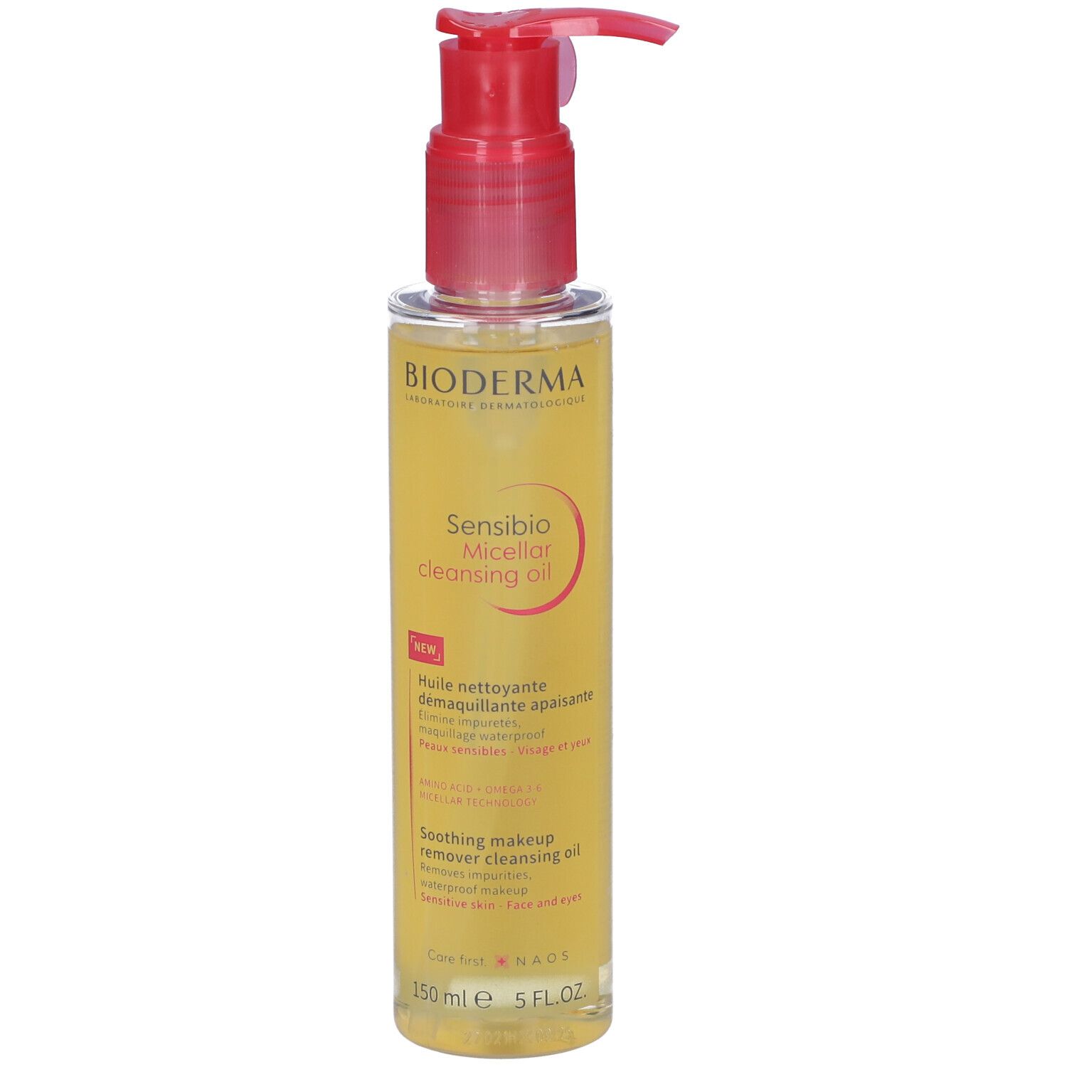 Bioderma Sensibio Olio Micellare. Flacone giallo con erogatore rosso. Nome del prodotto e testo sull'etichetta.