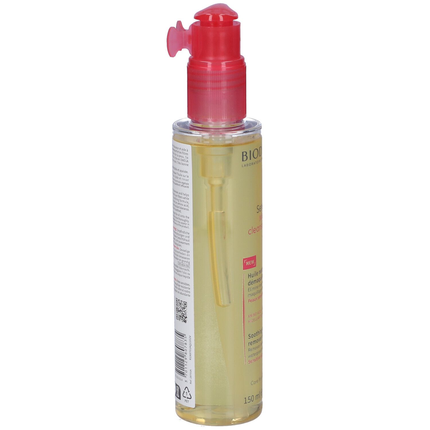 Bioderma Sensibio Olio Micellare. Flacone di lato. Erogatore rosso. Etichetta con testo e codice a barre.