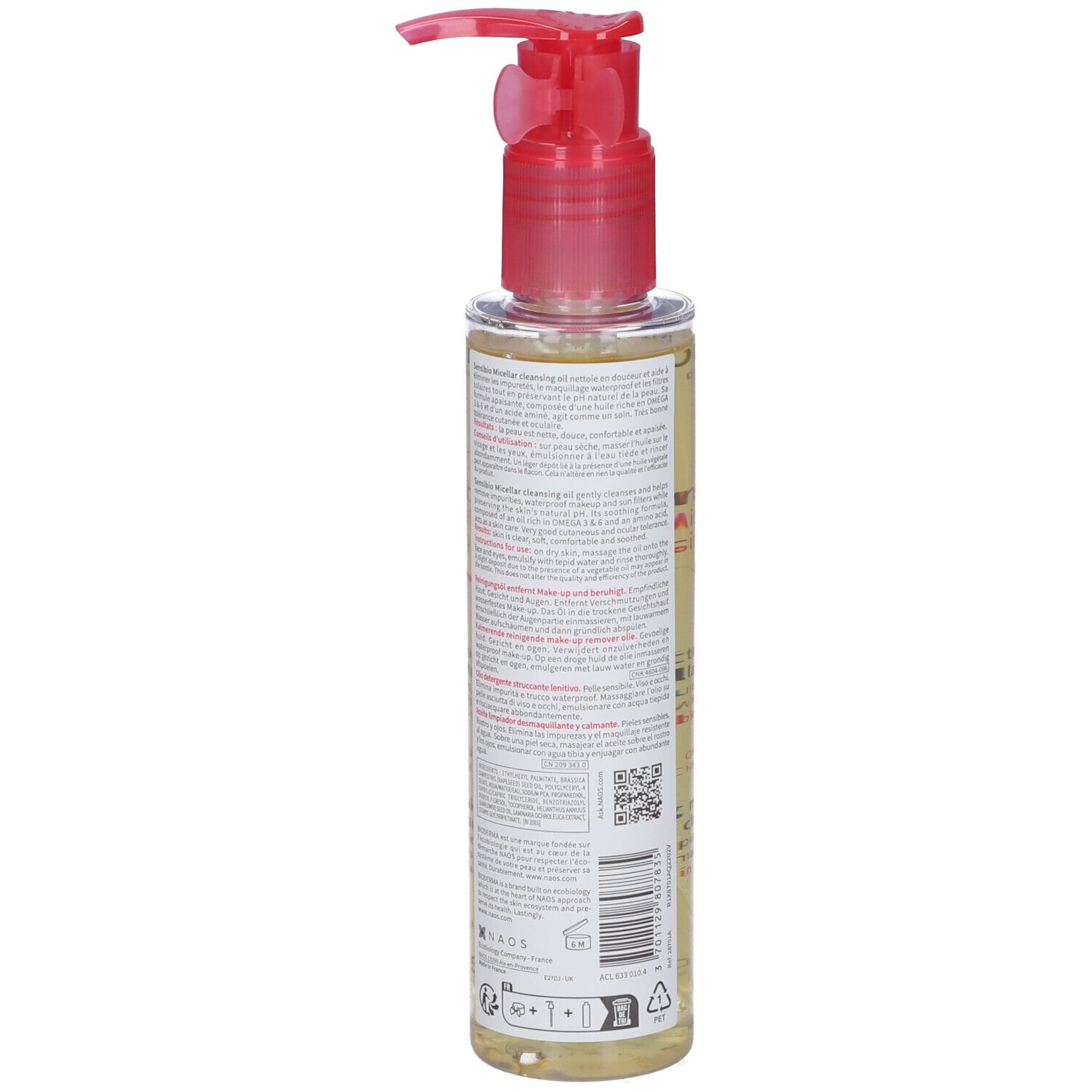 Bioderma Sensibio Olio Micellare. Retro del flacone. Testo sull'etichetta. Erogatore rosso.
