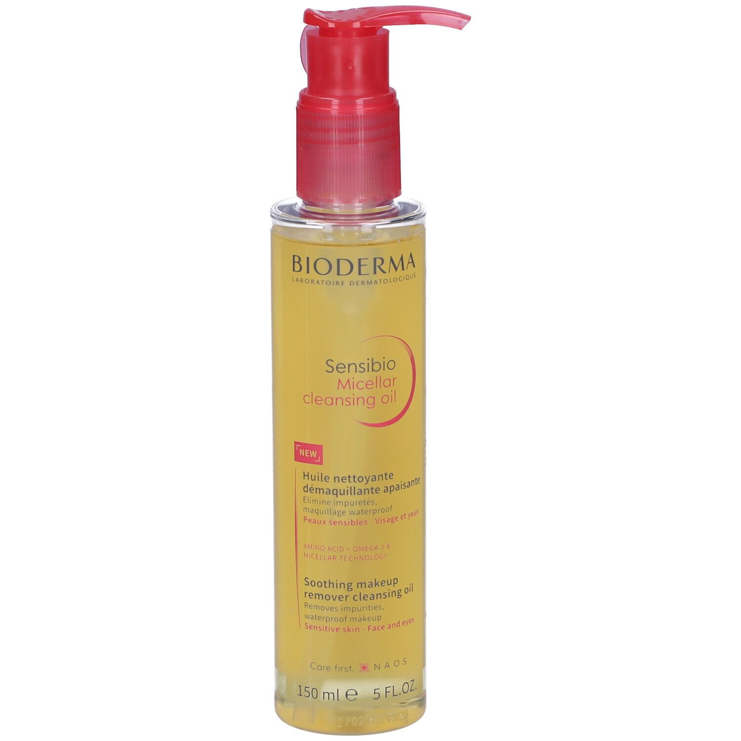 Bioderma Sensibio Olio Micellare. Flacone giallo con erogatore rosso. Nome del prodotto e testo sull'etichetta.