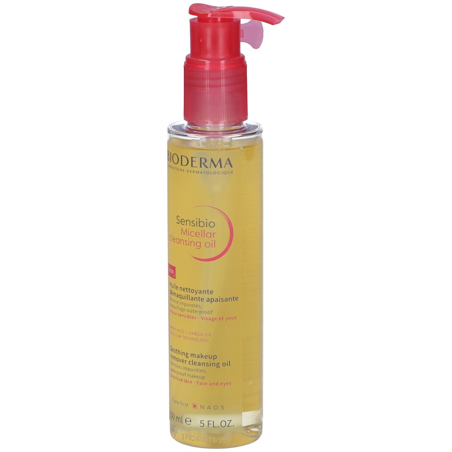 Bioderma Sensibio Olio Micellare. Flacone giallo con erogatore rosso. Nome del prodotto e testo sull'etichetta.