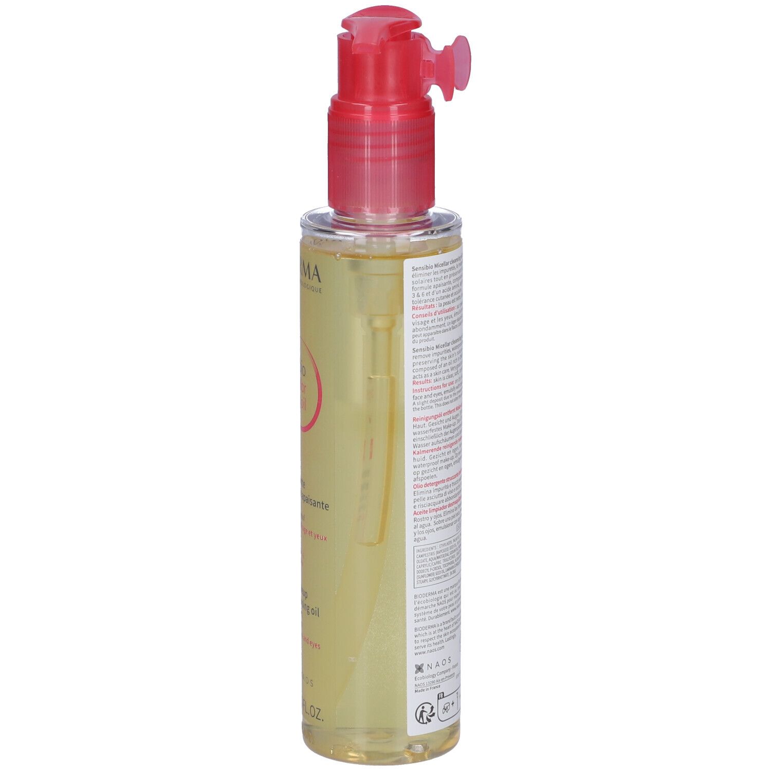 Bioderma Sensibio Olio Micellare. Flacone di lato. Erogatore rosso. Etichetta con testo.