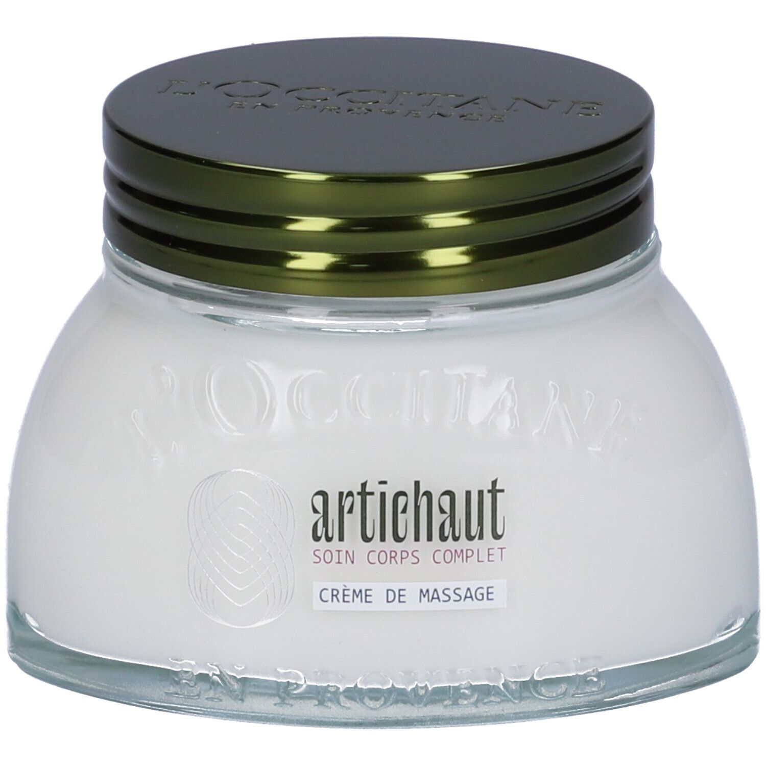 Vasetto in vetro con crema bianca e coperchio verde. Scritta: Artichaut, Crème de Massage.