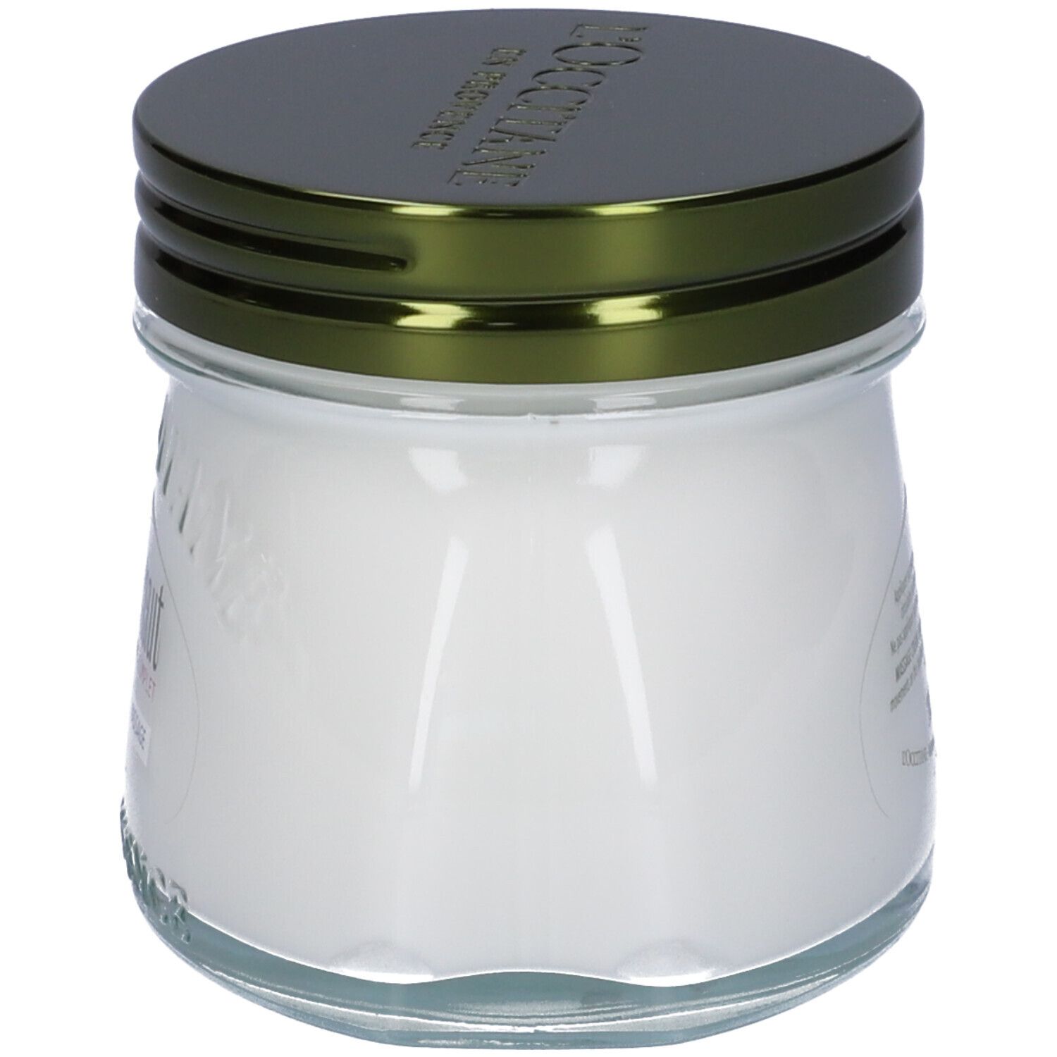 Vasetto in vetro con crema bianca e coperchio verde. Vista laterale.