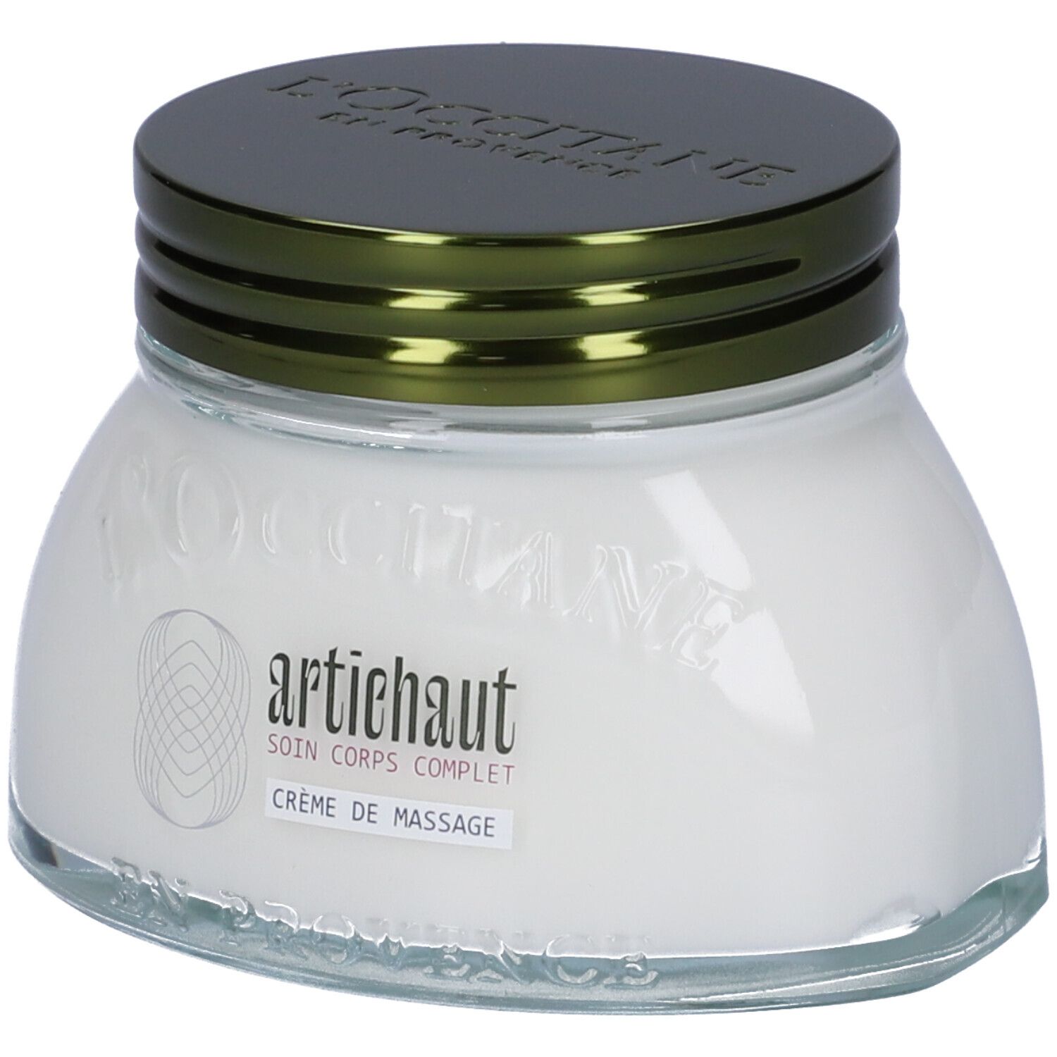 Vasetto in vetro con crema bianca e coperchio verde. Scritta: Artichaut, Crème de Massage.