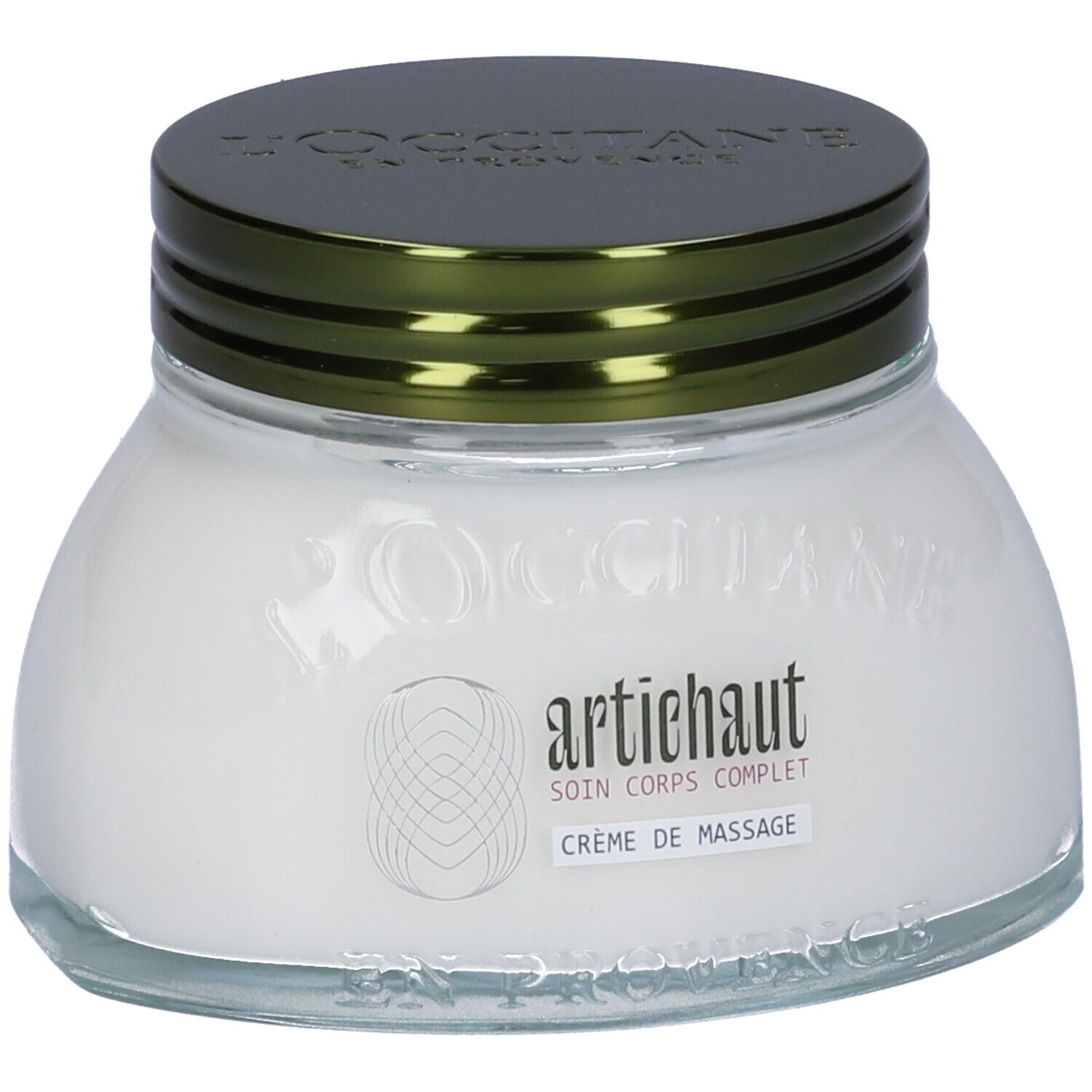 Vasetto in vetro con crema bianca e coperchio verde. Scritta: Artichaut, Crème de Massage.
