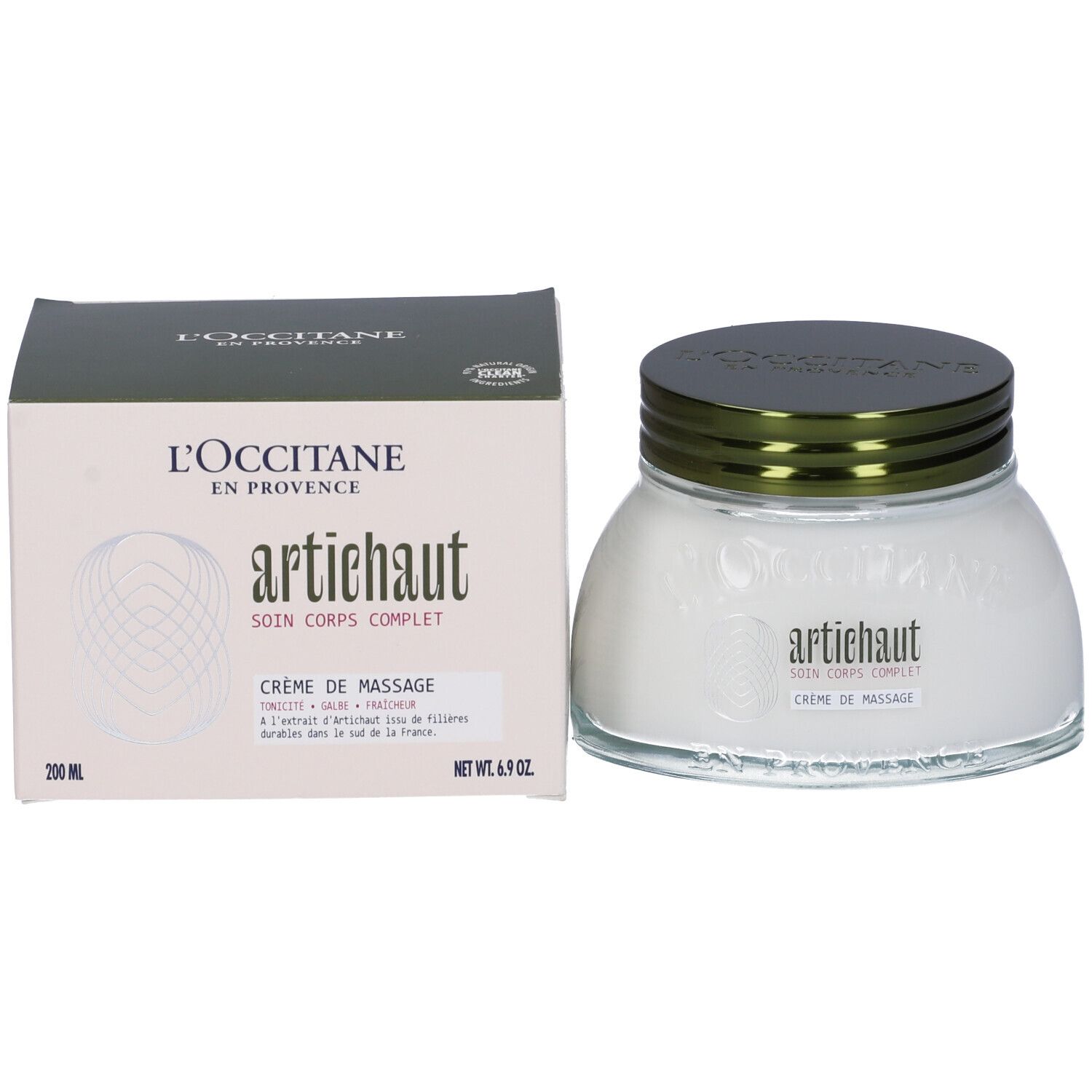 Vasetto in vetro e scatola. Scritta: L'Occitane, Artichaut, Crème de Massage, 200 ml.