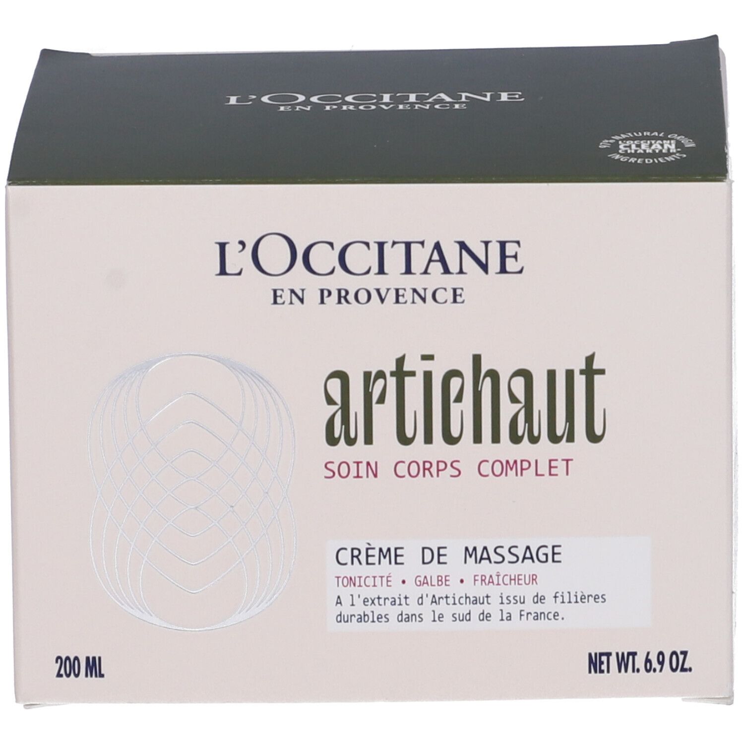 Scatola. Scritta: L'Occitane, Artichaut, Crème de Massage, 200 ml, 6.9 oz.