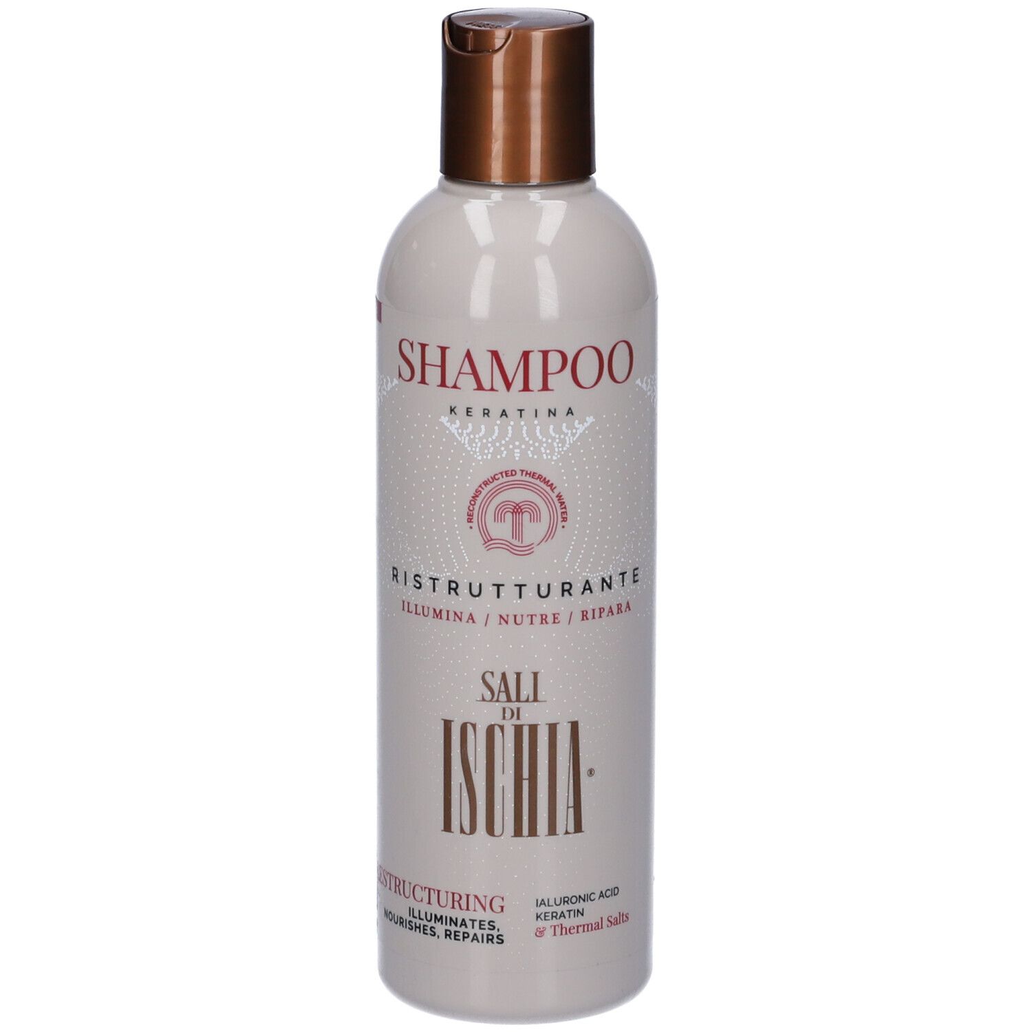 Flacone di shampoo beige con tappo marrone. Scritte: Shampoo, Keratina, Ristrutturante, Sali di Ischia. Testo in italiano.