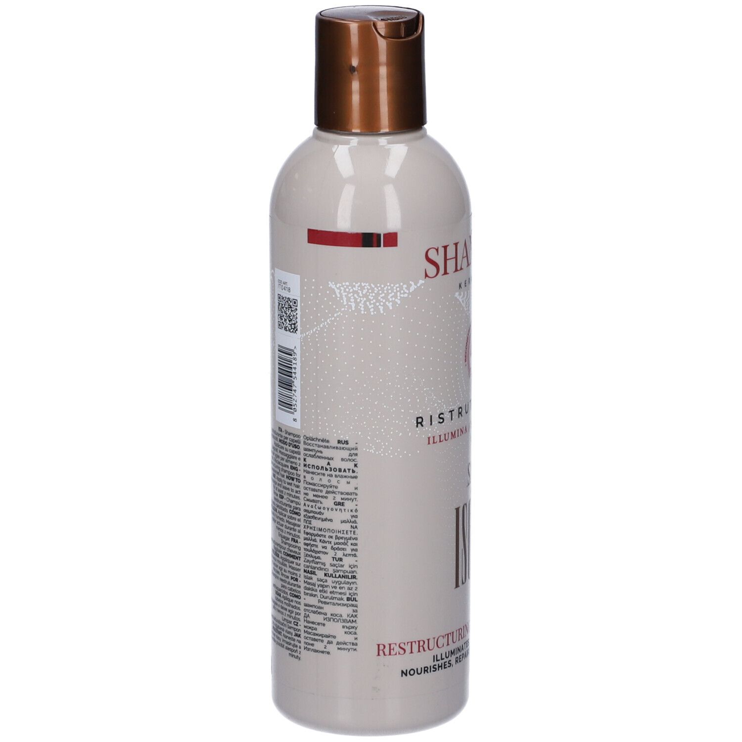 Flacone di shampoo beige con tappo marrone. Scritte: Shampoo, Keratina, Ristrutturante, Sali di Ischia. Testo in italiano.