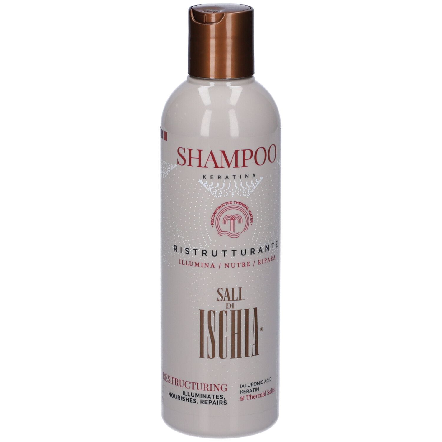 Flacone di shampoo beige con tappo marrone. Scritte: Shampoo, Keratina, Ristrutturante, Sali di Ischia. Testo in italiano.
