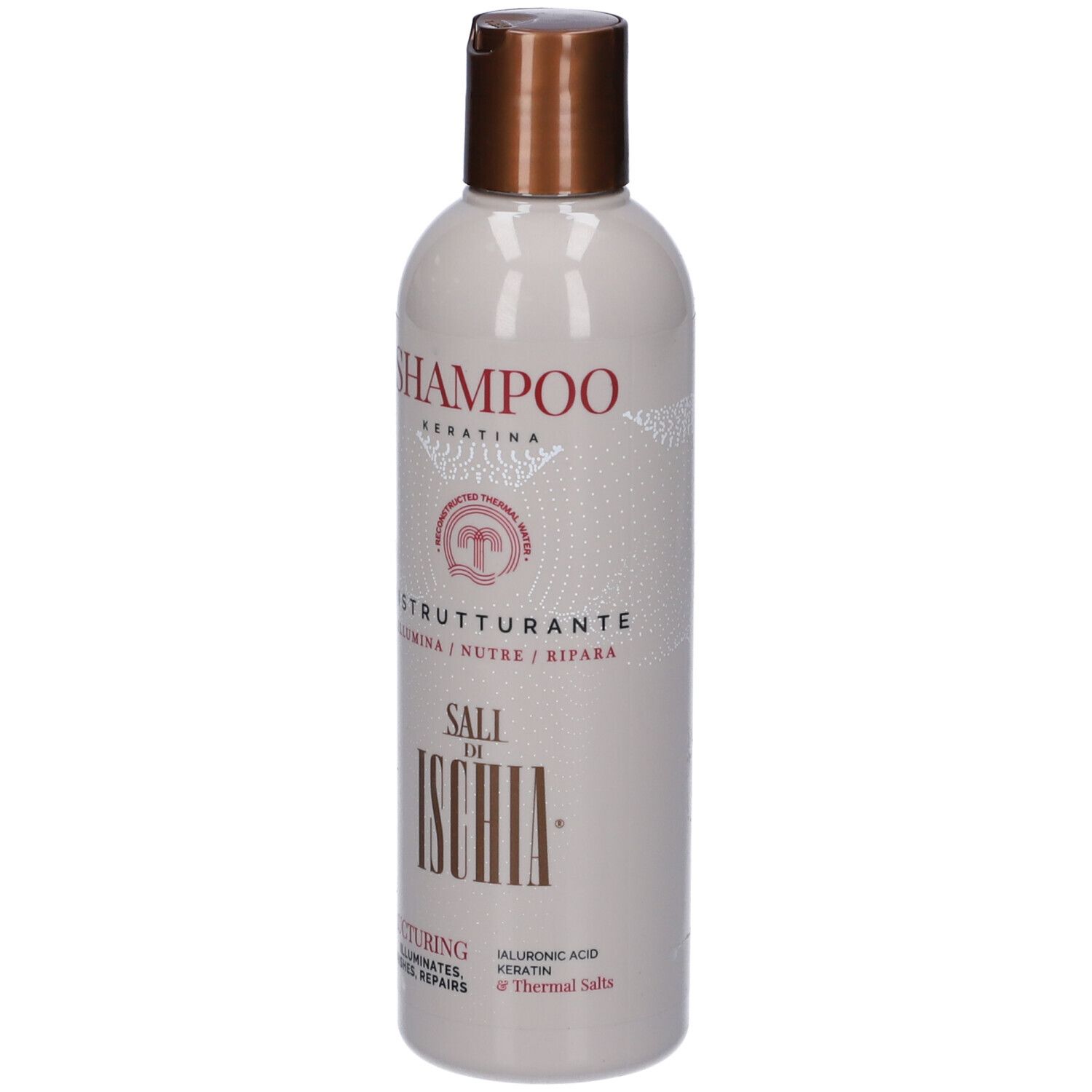 Flacone di shampoo beige con tappo marrone. Scritte: Shampoo, Keratina, Ristrutturante, Sali di Ischia. Testo in italiano.