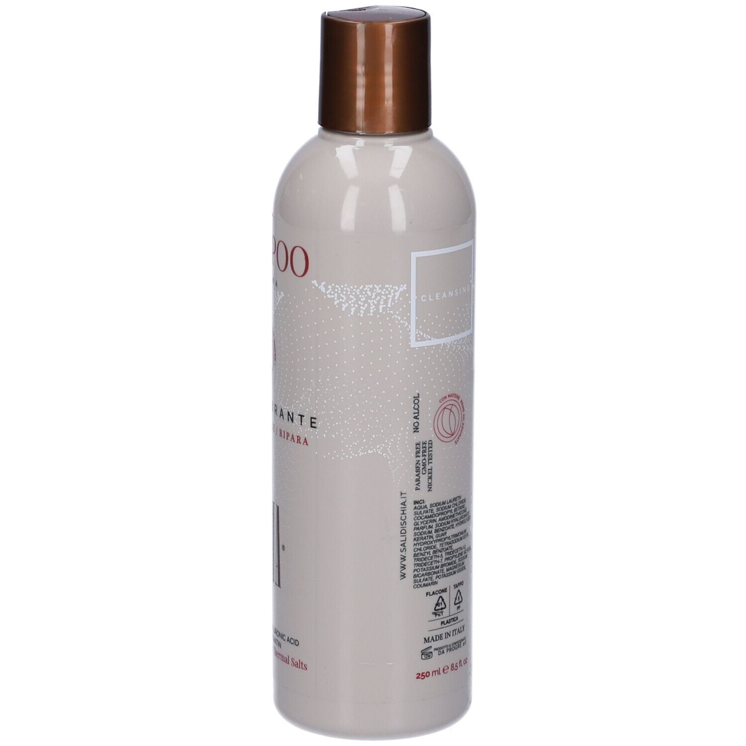 Flacone di shampoo beige con tappo marrone. Scritte: Shampoo, Keratina, Ristrutturante, Sali di Ischia. Testo in italiano.