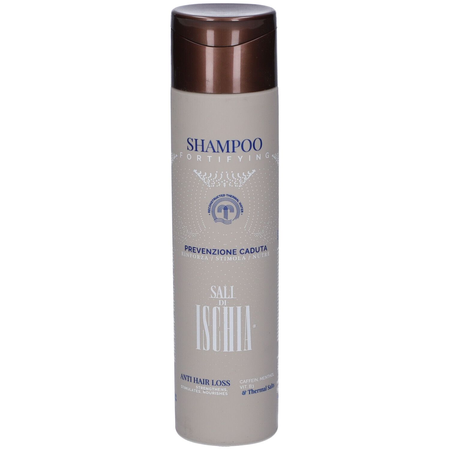 Shampoo-Flasche mit braunem Klappdeckel. Beigefarbene Flasche mit weißer Schrift: "SHAMPOO FORTIFYING", "PREVENZIONE CADUTA", "SALI DI ISCHIA", "ANTI HAIR LOSS".