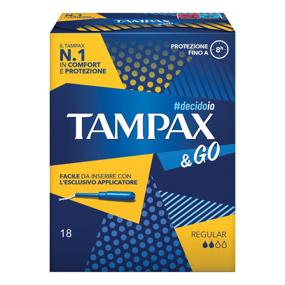 TAMPAX & Go Regular Tamponi. Confezione da 18 tamponi. Scatola blu con nome e logo del prodotto.