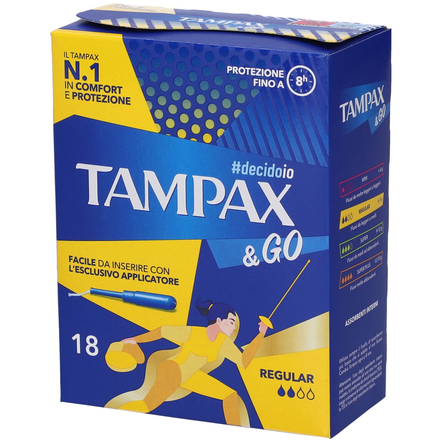TAMPAX & Go Regular Tamponi. Confezione da 18 tamponi. Scatola blu con nome e logo, donna in posizione di scherma.