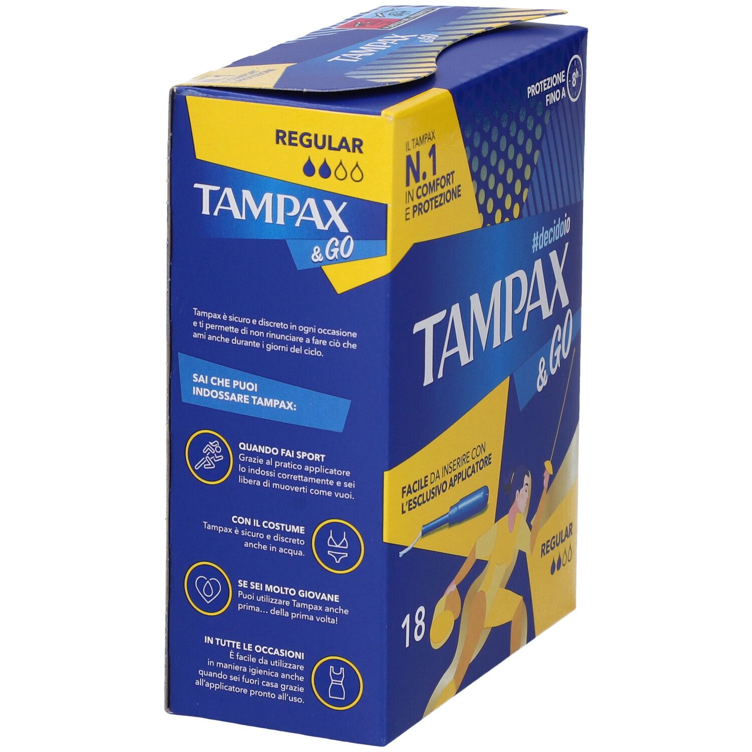 TAMPAX & Go Regular Tamponi. Confezione da 18 tamponi. Scatola blu con nome e logo, donna in posizione di scherma.